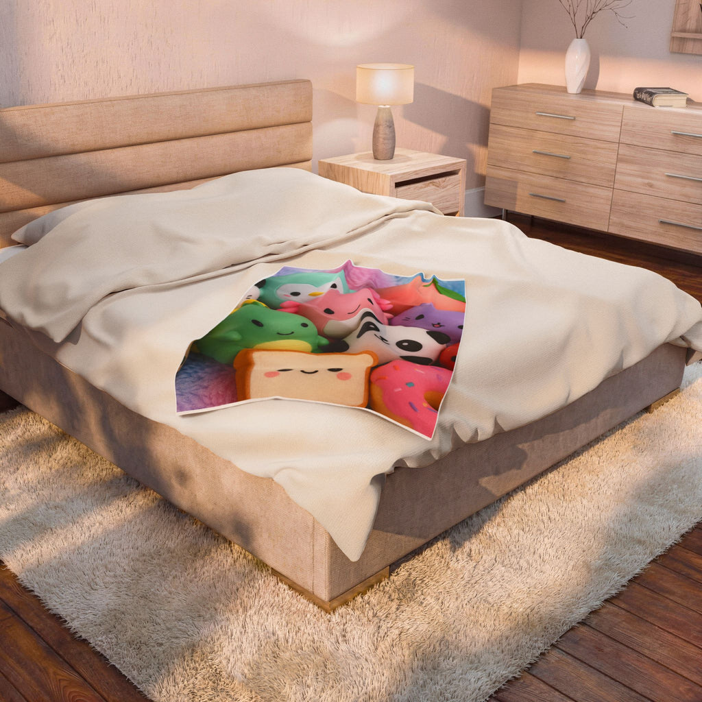 Plush Friends Velveteen Blanket – Cute Kawaii Stuffed Toy Print