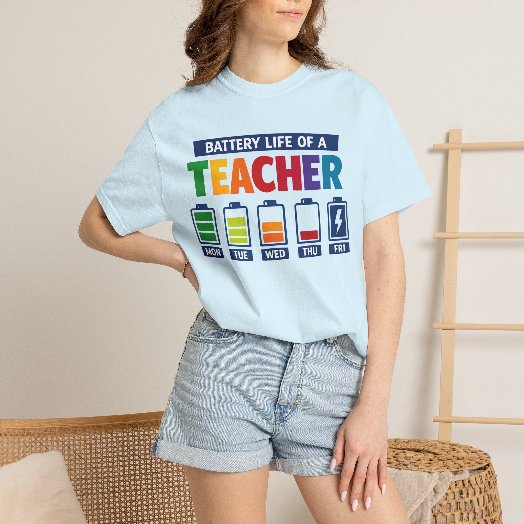 Teacher Battery Life T-Shirt — Funny Teacher Appreciation Tee (Mon-Fri Battery Icons)