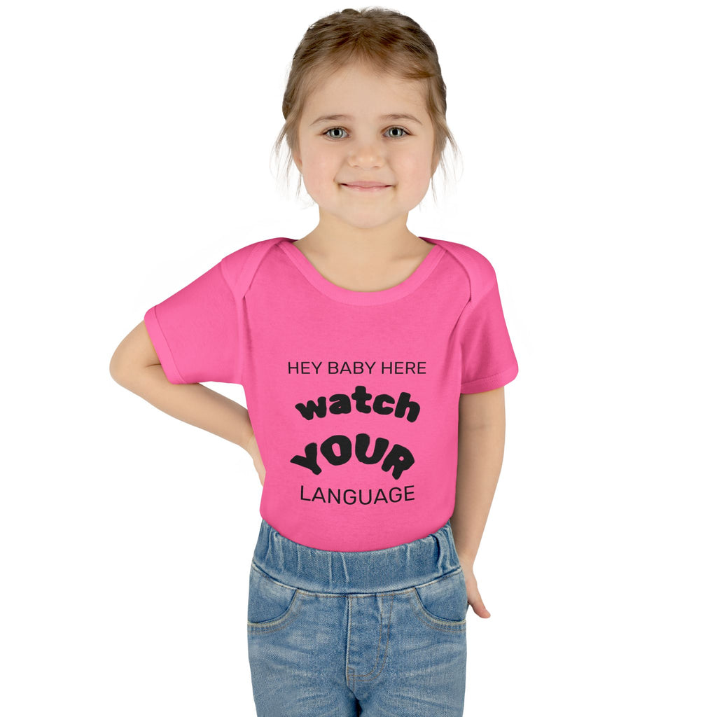 Infant Bodysuit — "Hey Baby Here, Watch Your Language" Cute Newborn Onesie (Back ‘Thank You’)