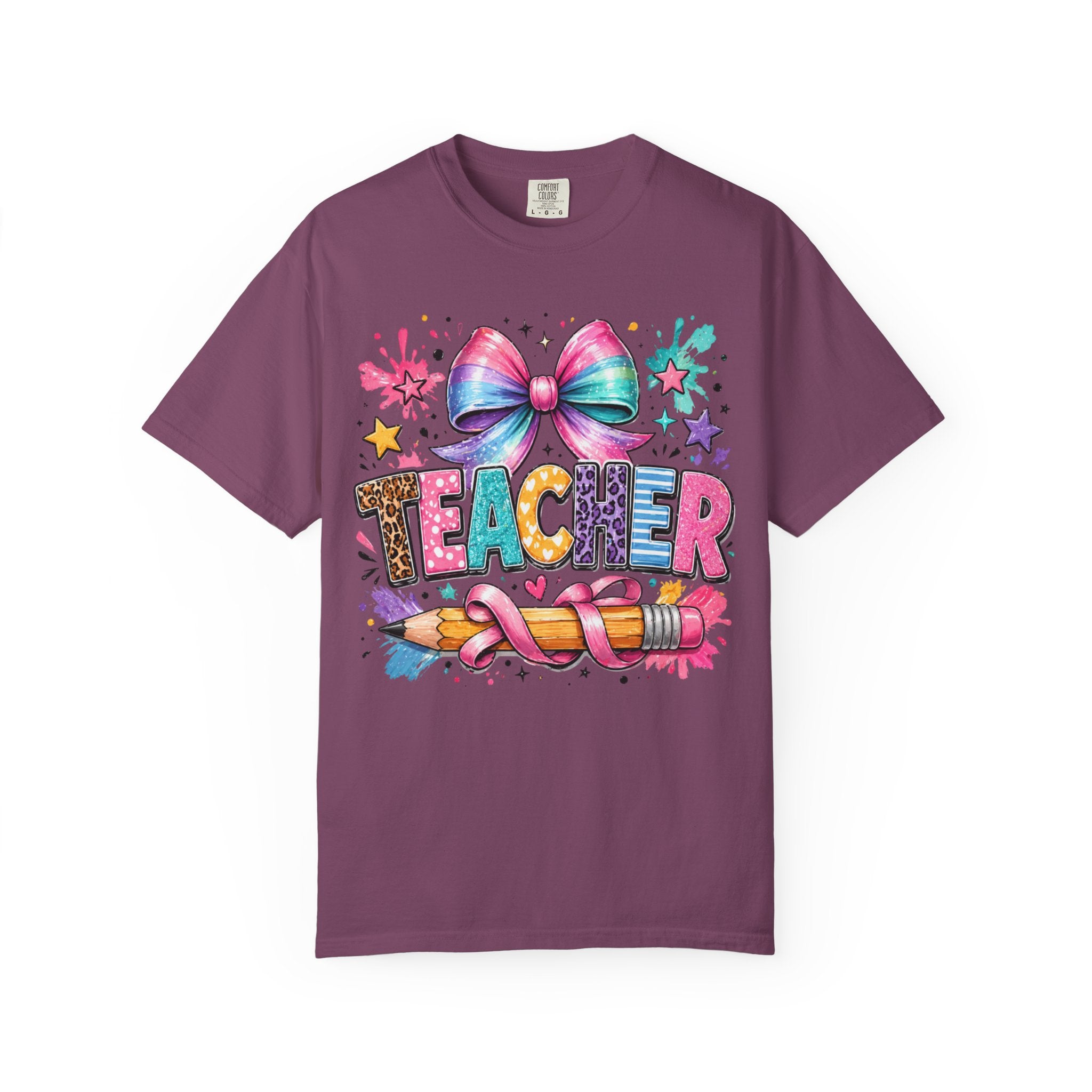 Teacher Colorful Bow & Pencil T-Shirt — Cute Back-to-School Gift