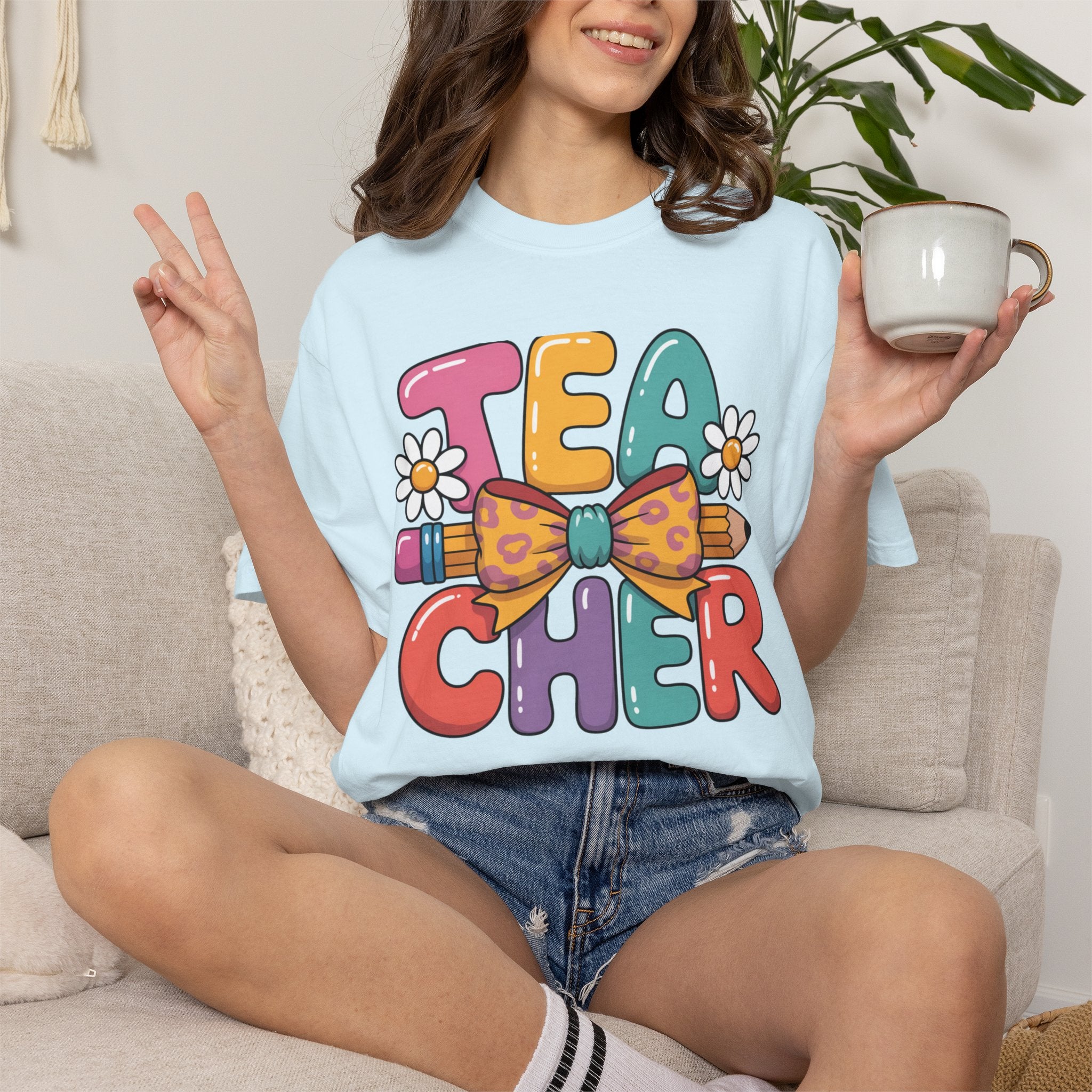 Teacher Pencil Bow T-Shirt — Cute Colorful Floral Teacher Gift
