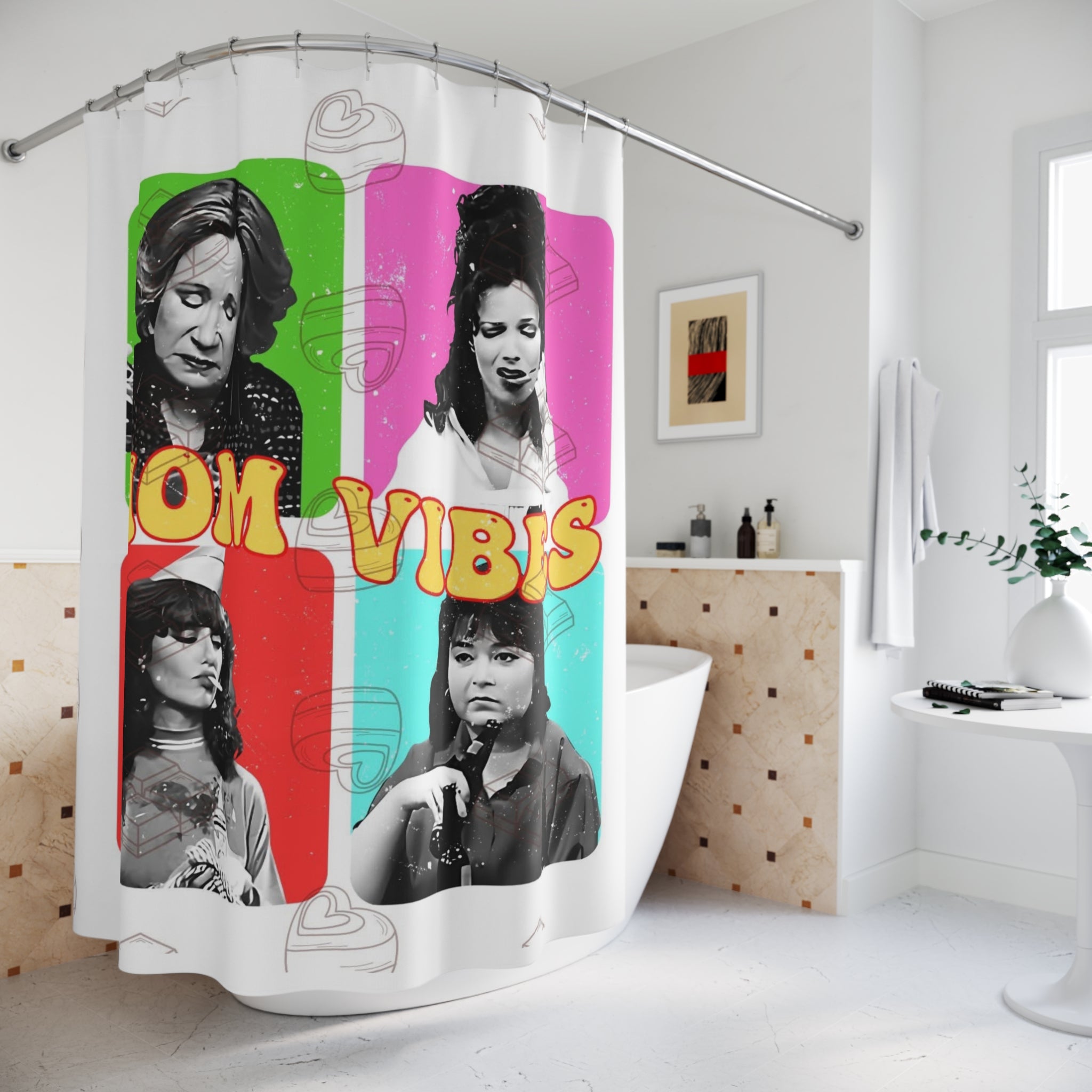 Mom Vibes Shower Curtain — Retro Pop Art Mom Portrait Bathroom Decor