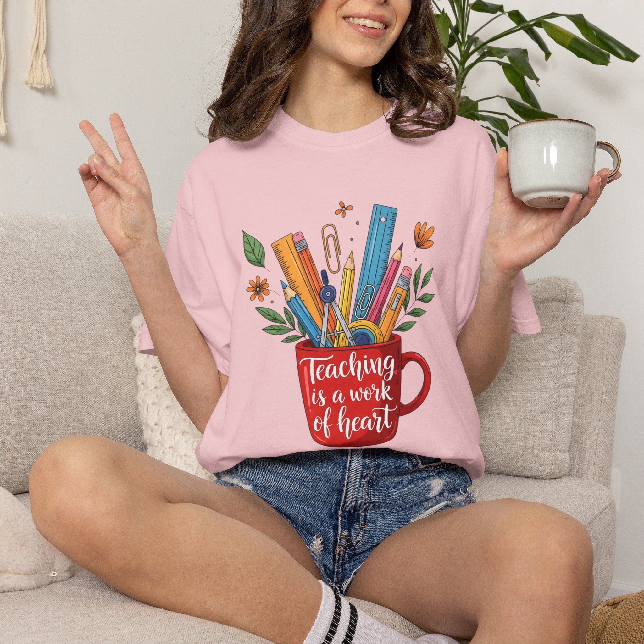 Teacher Mug Graphic T‑Shirt — "Teaching Is a Work of Heart" Back‑to‑School Gift