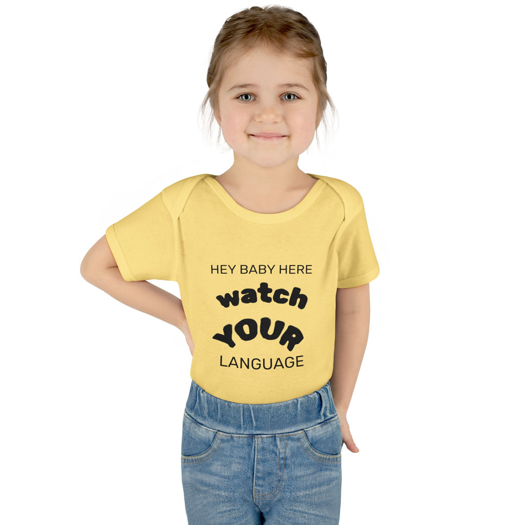 Infant Bodysuit — "Hey Baby Here, Watch Your Language" Cute Newborn Onesie (Back ‘Thank You’)
