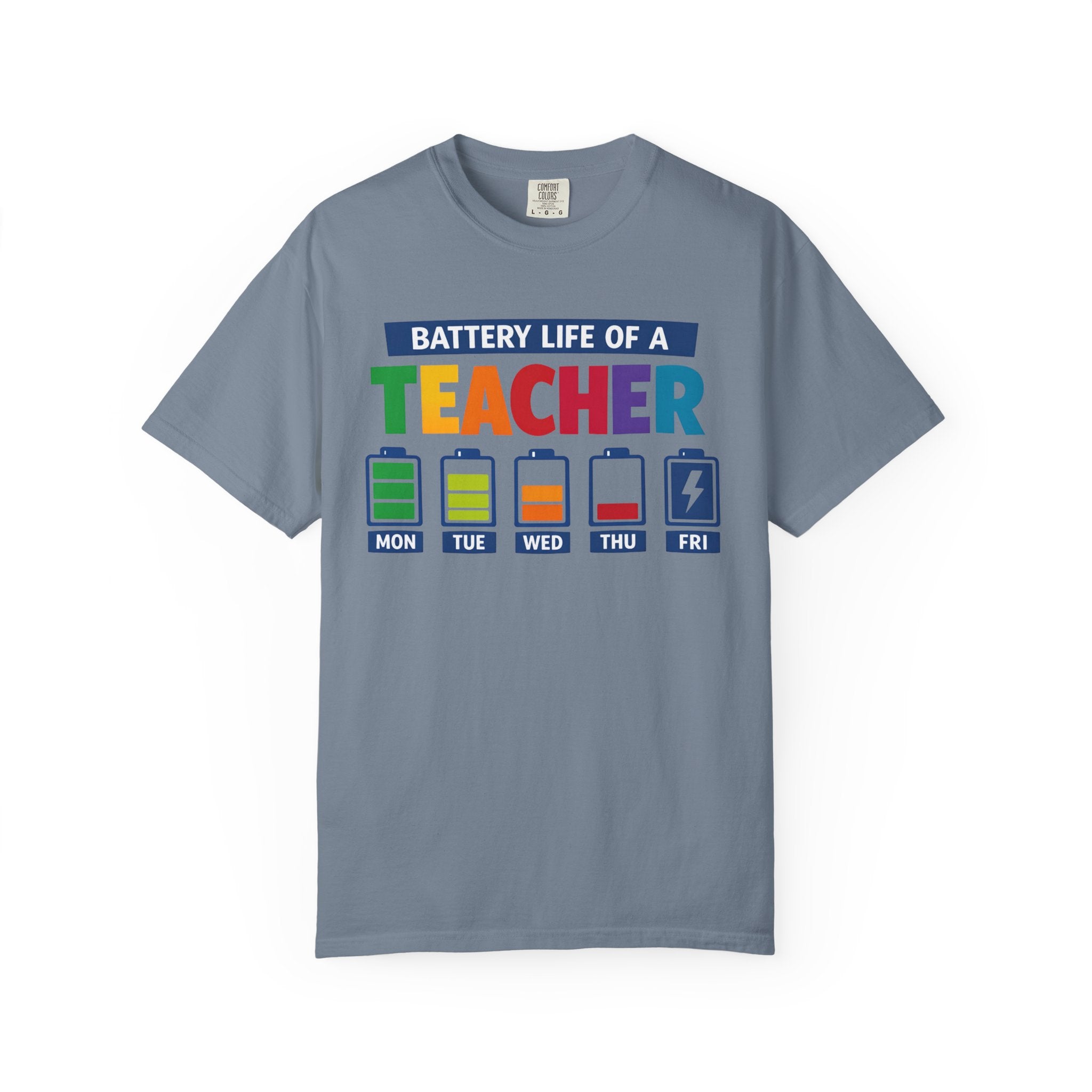 Teacher Battery Life T-Shirt — Funny Teacher Appreciation Tee (Mon-Fri Battery Icons)