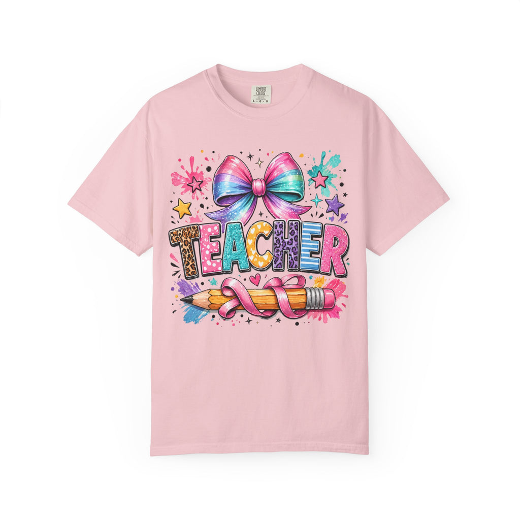 Teacher Colorful Bow & Pencil T-Shirt — Cute Back-to-School Gift