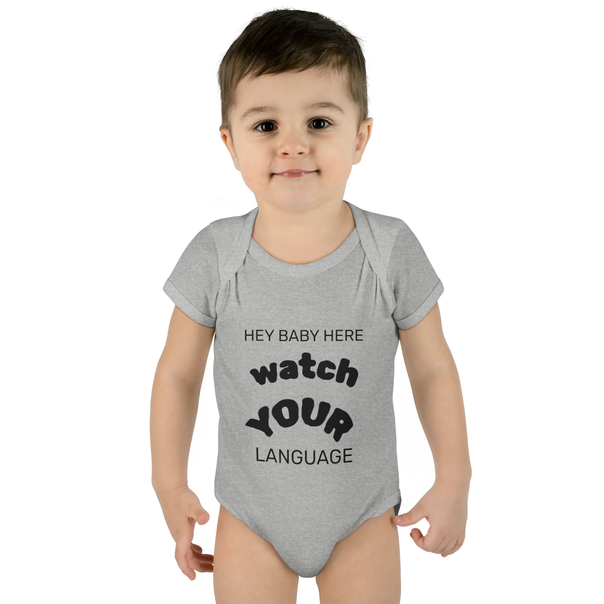 Infant Bodysuit — "Hey Baby Here, Watch Your Language" Cute Newborn Onesie (Back ‘Thank You’)