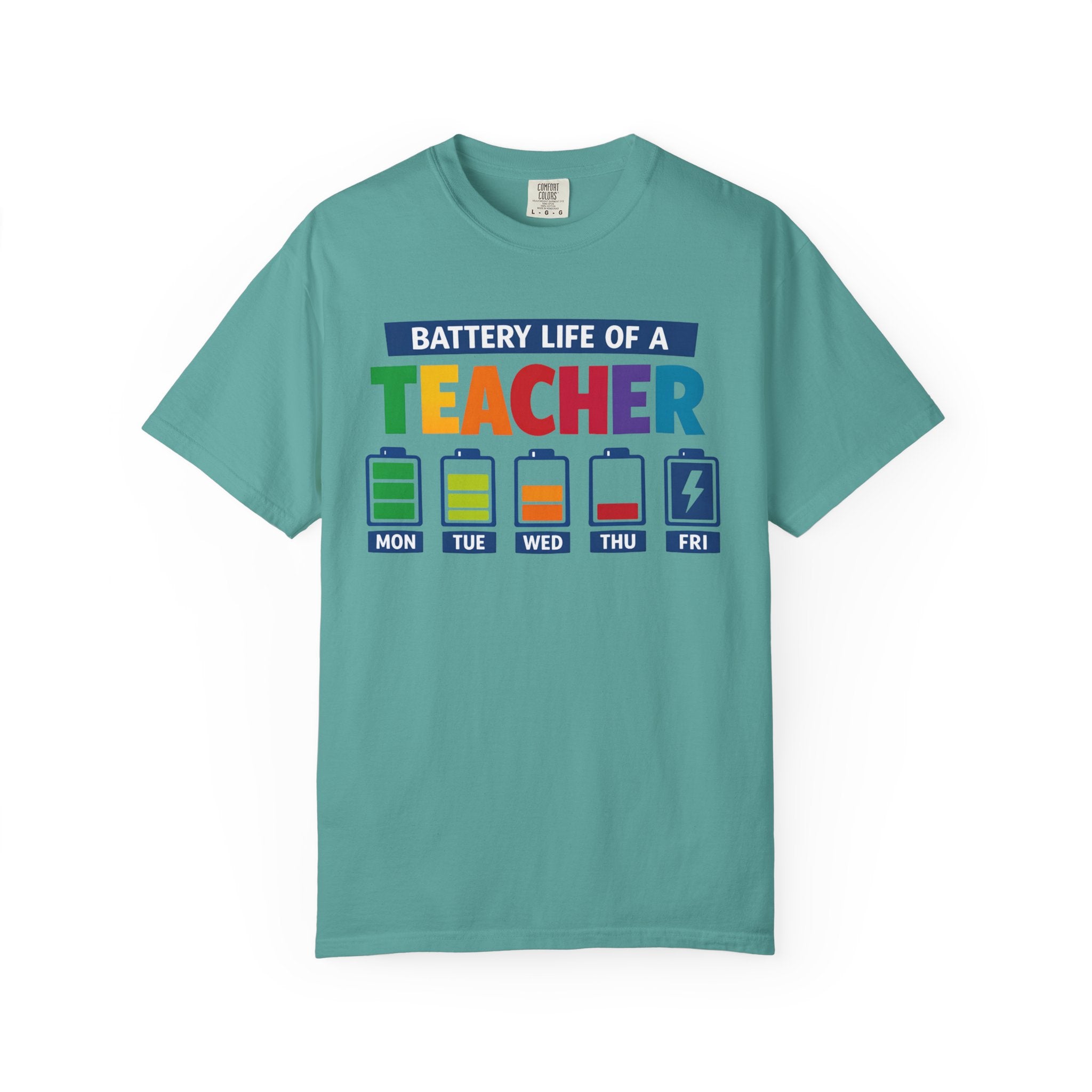 Teacher Battery Life T-Shirt — Funny Teacher Appreciation Tee (Mon-Fri Battery Icons)