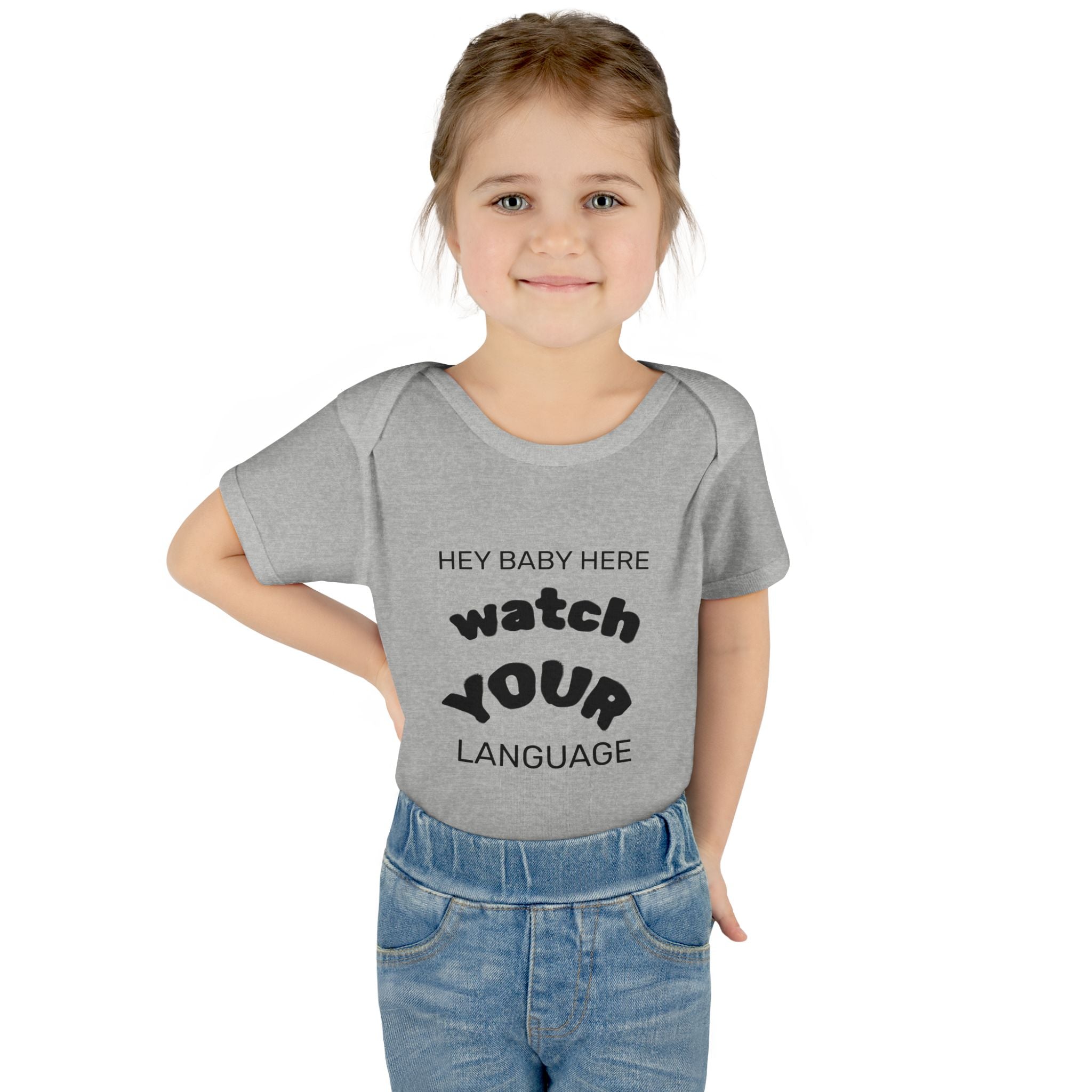 Infant Bodysuit — "Hey Baby Here, Watch Your Language" Cute Newborn Onesie (Back ‘Thank You’)