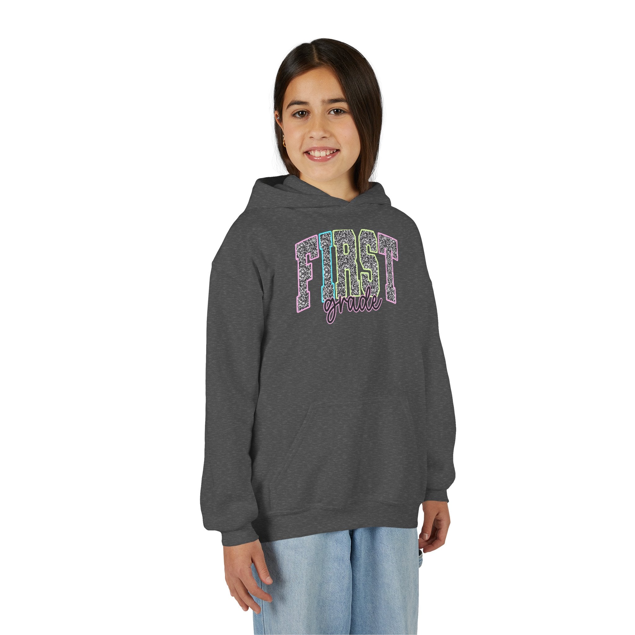 First Grade Kids Hoodie — Glitter Lettering Back-to-School Sweatshirt