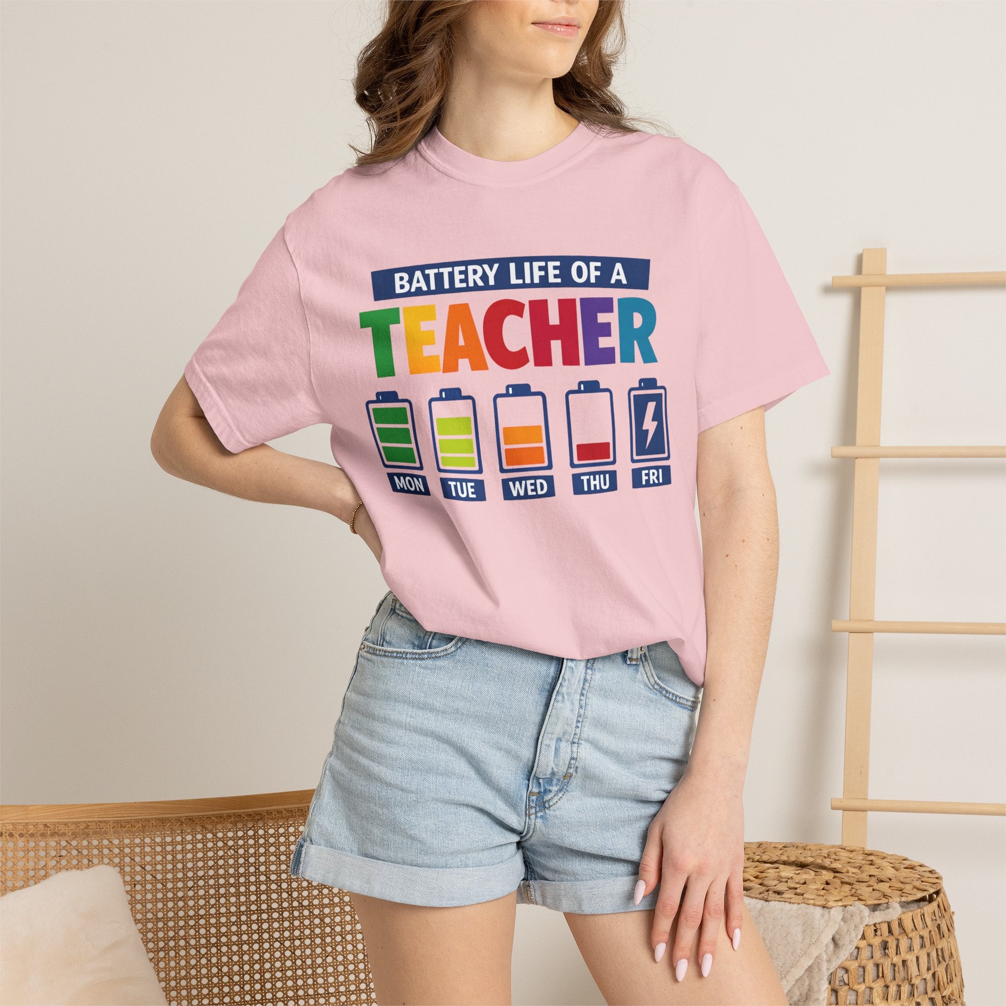 Teacher Battery Life T-Shirt — Funny Teacher Appreciation Tee (Mon-Fri Battery Icons)