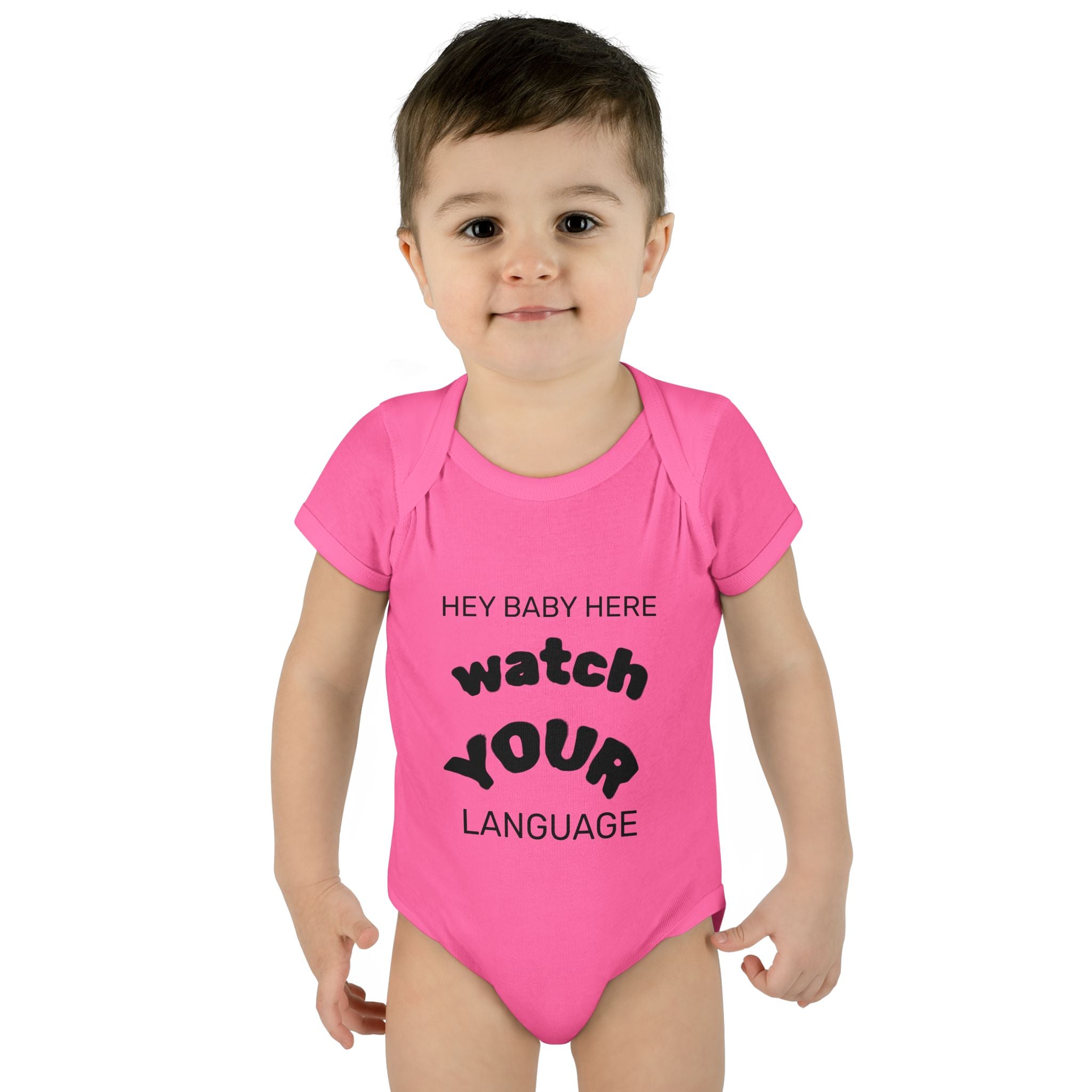 Infant Bodysuit — "Hey Baby Here, Watch Your Language" Cute Newborn Onesie (Back ‘Thank You’)