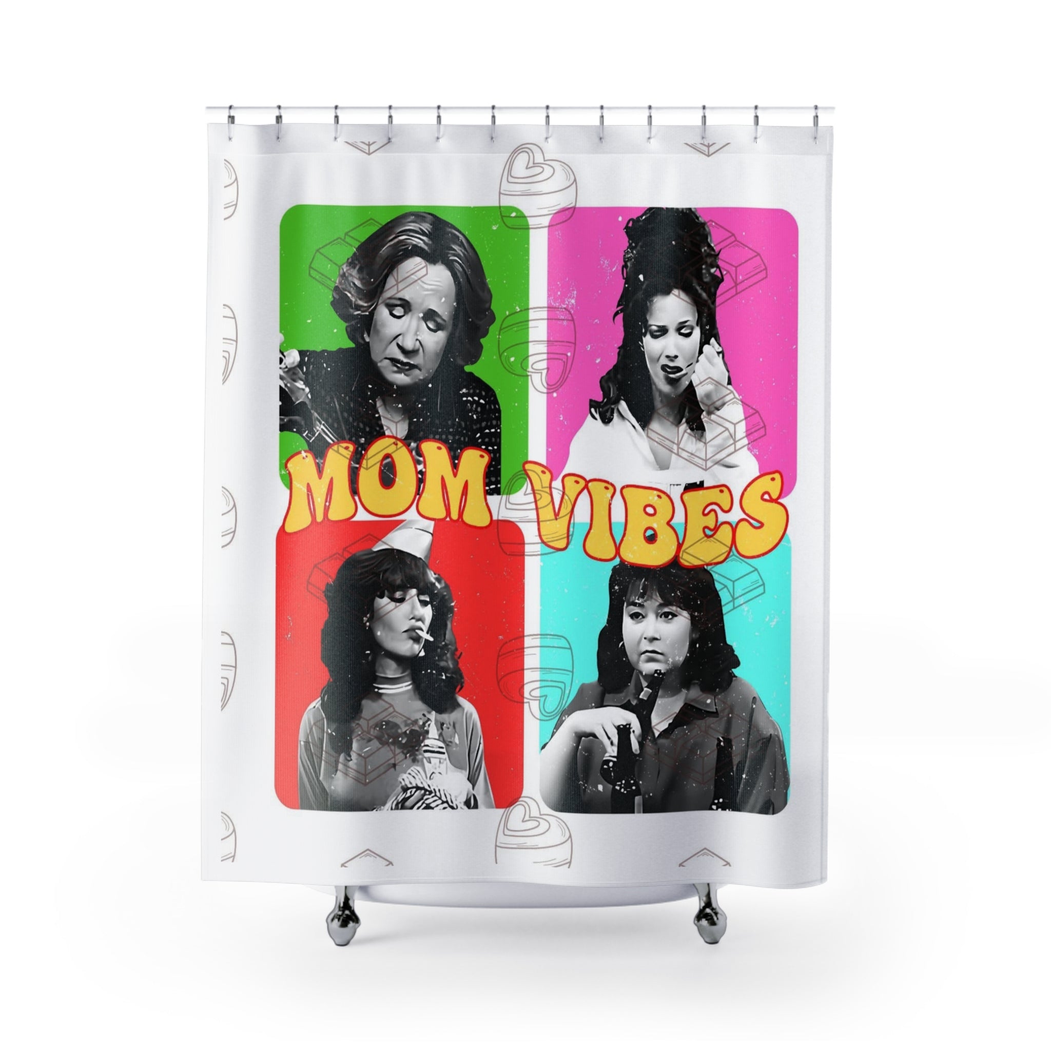 Mom Vibes Shower Curtain — Retro Pop Art Mom Portrait Bathroom Decor