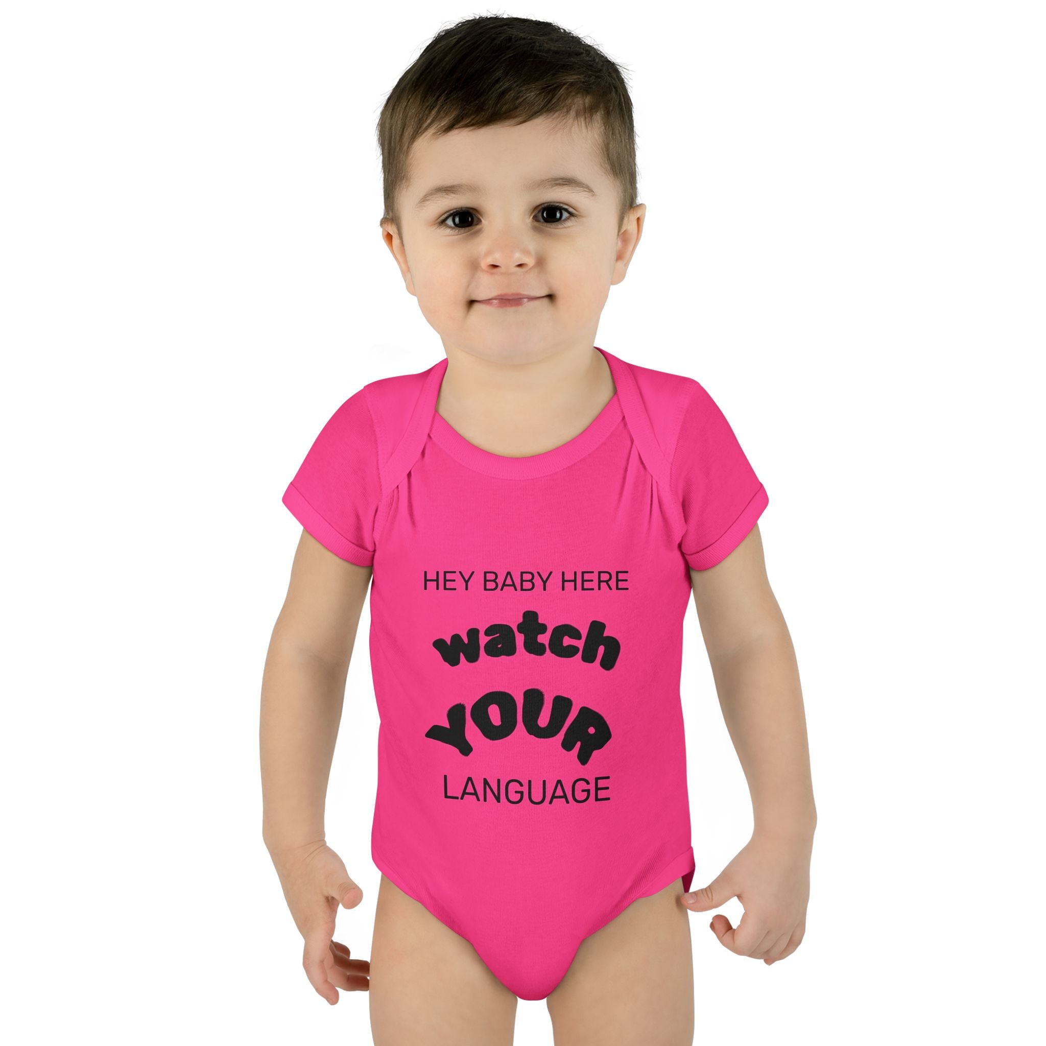 Infant Bodysuit — "Hey Baby Here, Watch Your Language" Cute Newborn Onesie (Back ‘Thank You’)