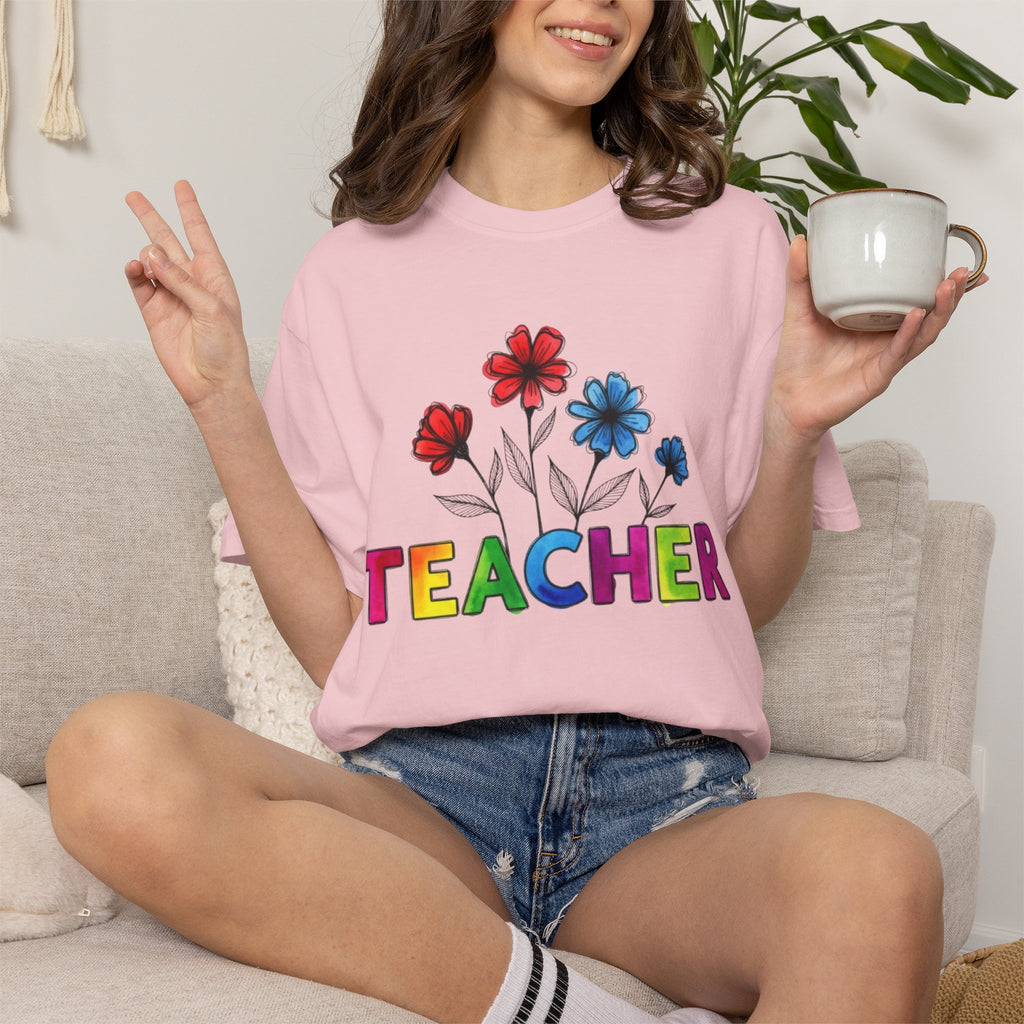 Teacher Floral T‑Shirt — Colorful Rainbow Letters & Bouquet