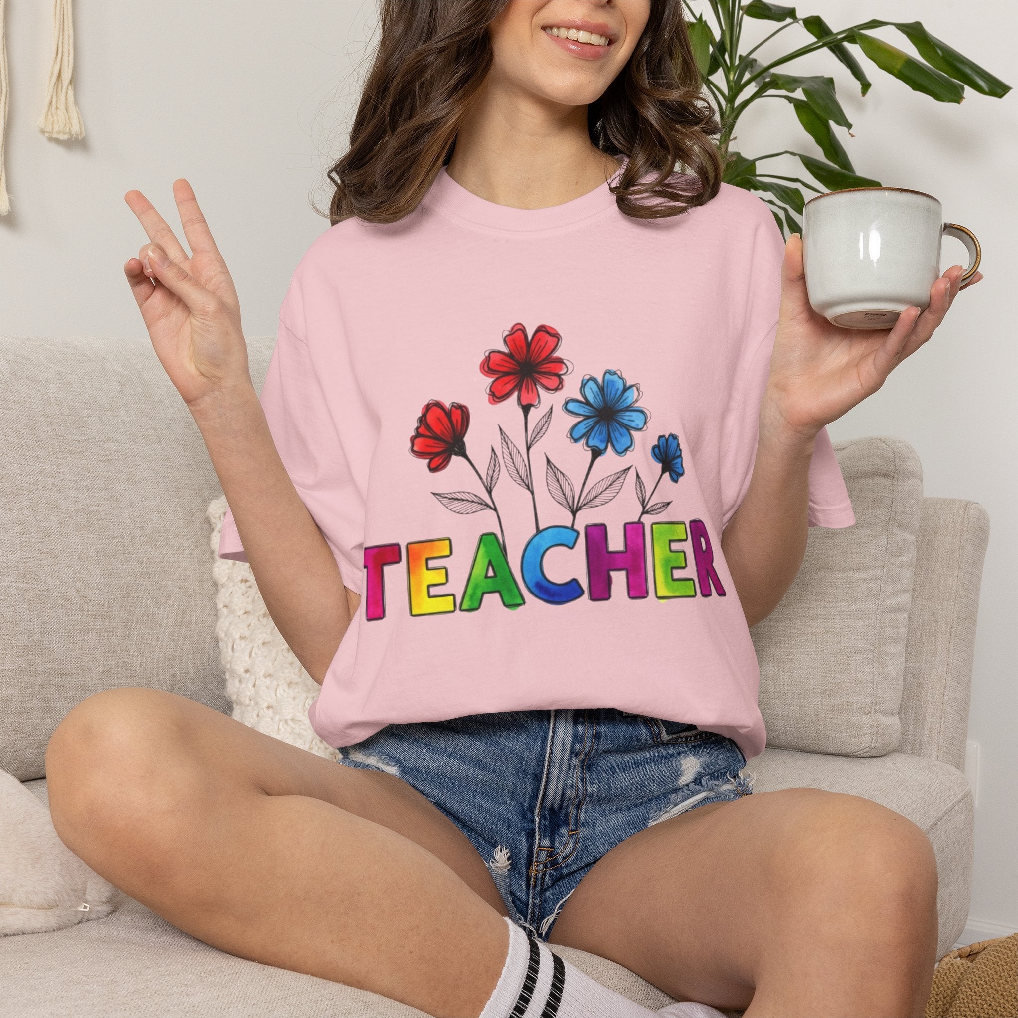 Teacher Floral T‑Shirt — Colorful Rainbow Letters & Bouquet