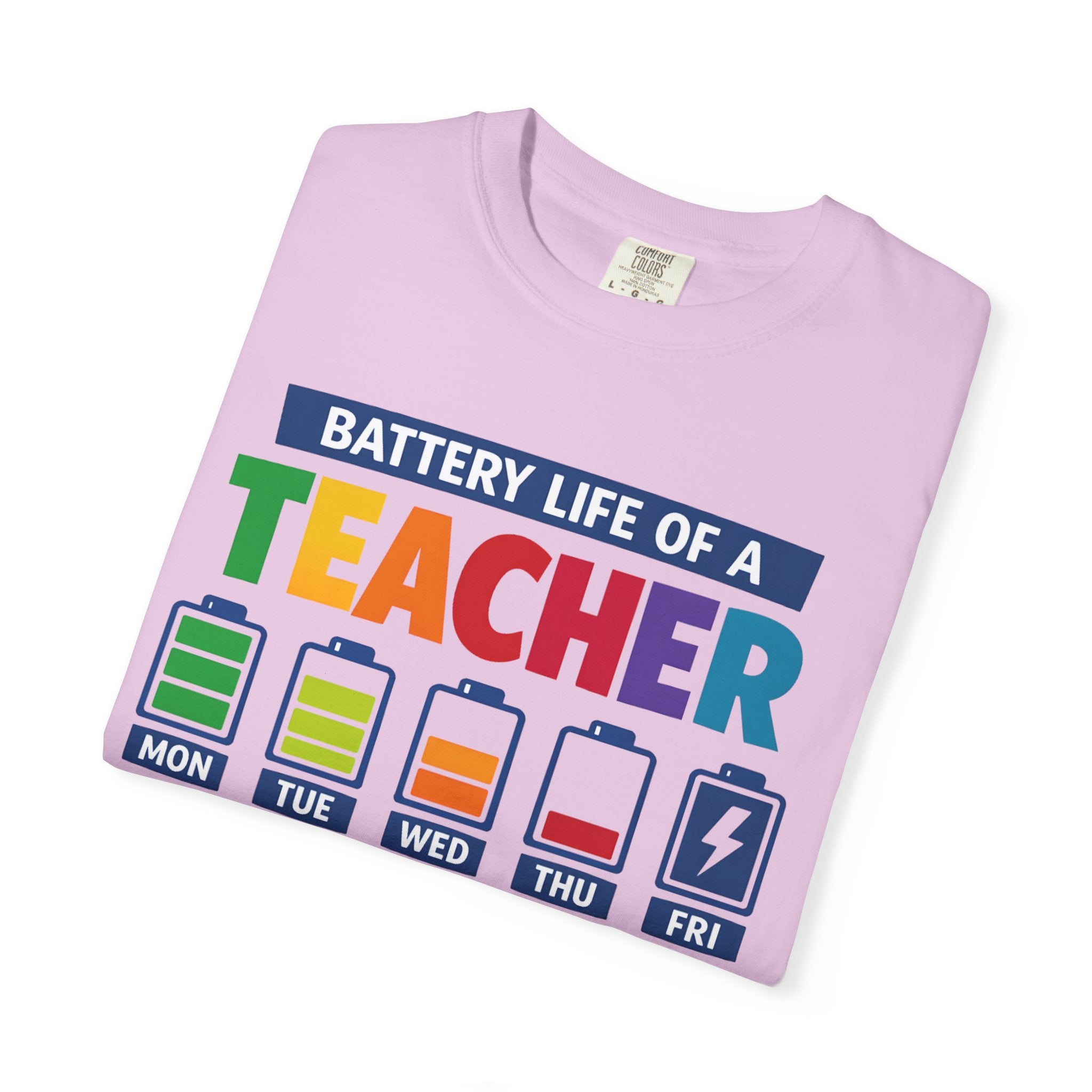 Teacher Battery Life T-Shirt — Funny Teacher Appreciation Tee (Mon-Fri Battery Icons)