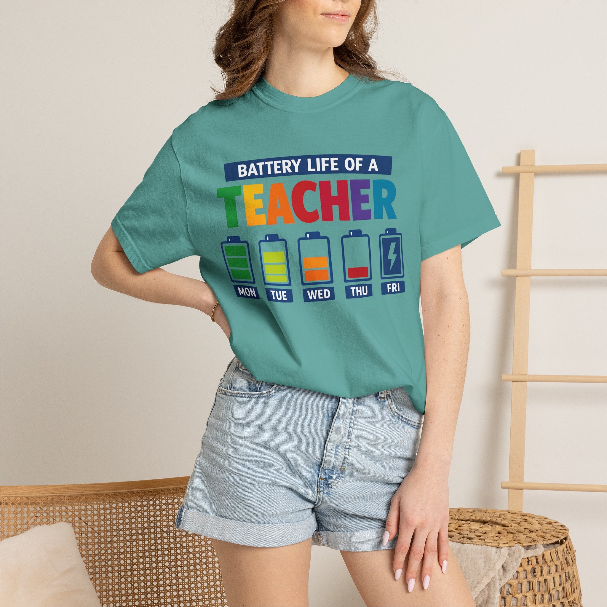 Teacher Battery Life T-Shirt — Funny Teacher Appreciation Tee (Mon-Fri Battery Icons)