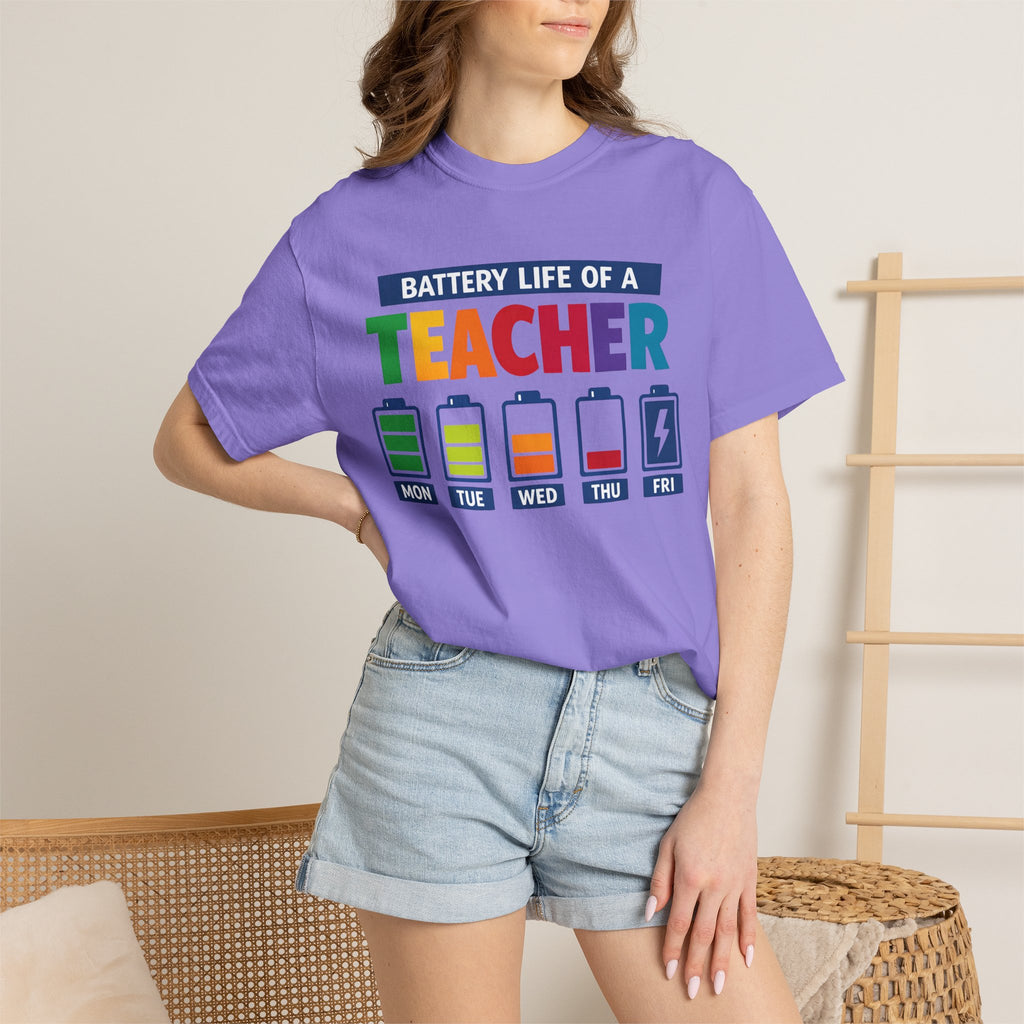Teacher Battery Life T-Shirt — Funny Teacher Appreciation Tee (Mon-Fri Battery Icons)