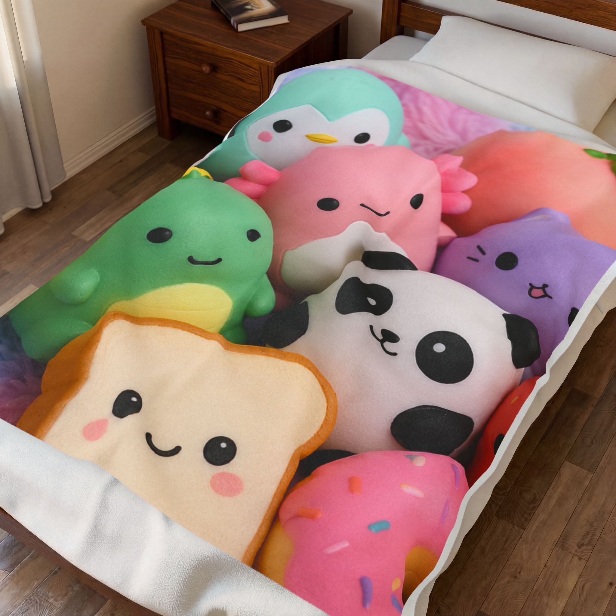 Plush Friends Velveteen Blanket – Cute Kawaii Stuffed Toy Print