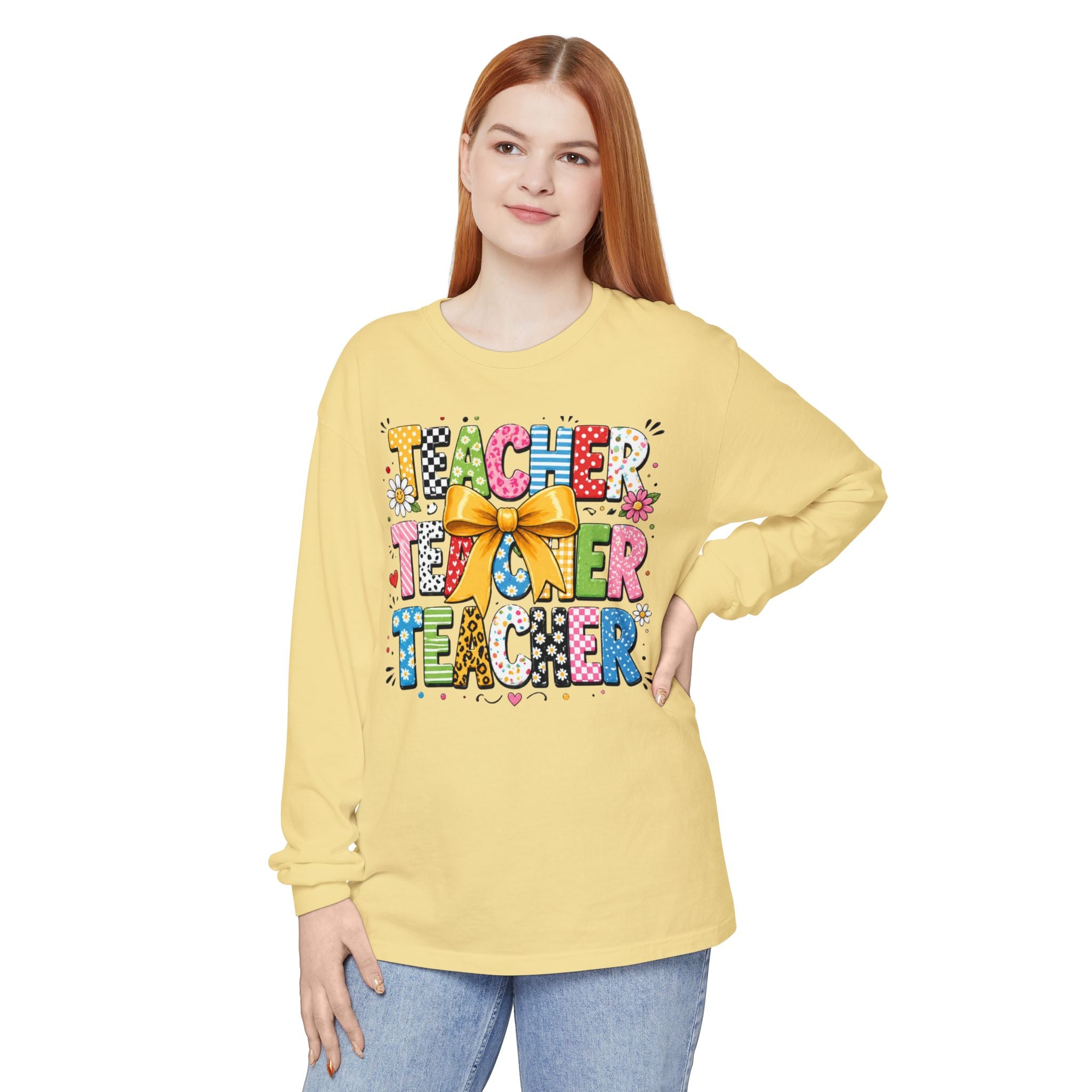 Teacher Tee — Colorful 'Teacher' Graphic Long Sleeve Shirt (Bow Design)