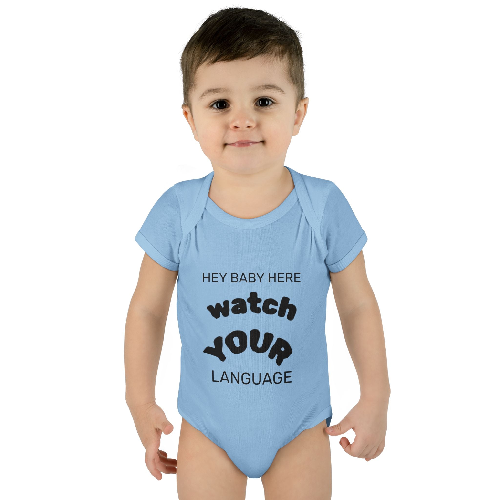 Infant Bodysuit — "Hey Baby Here, Watch Your Language" Cute Newborn Onesie (Back ‘Thank You’)