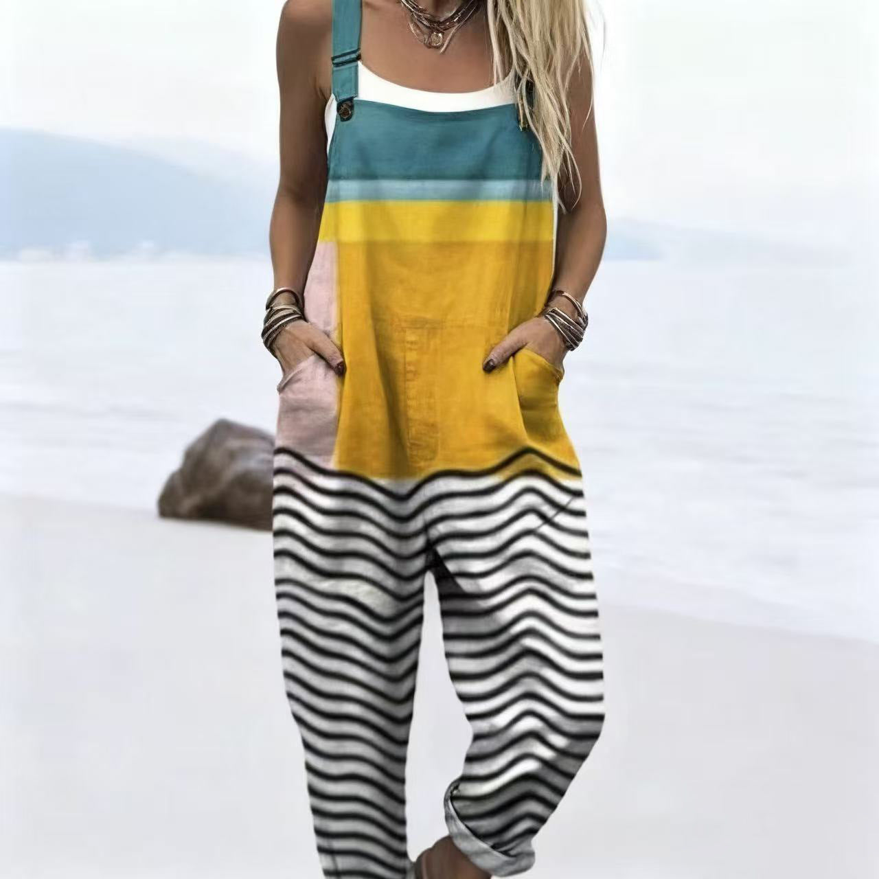 Printed Button Suspenders Casual Pants Suspenders