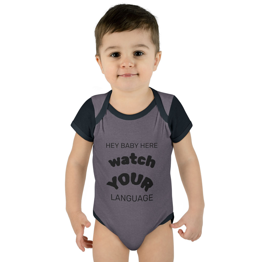 Infant Bodysuit — "Hey Baby Here, Watch Your Language" Cute Newborn Onesie (Back ‘Thank You’)