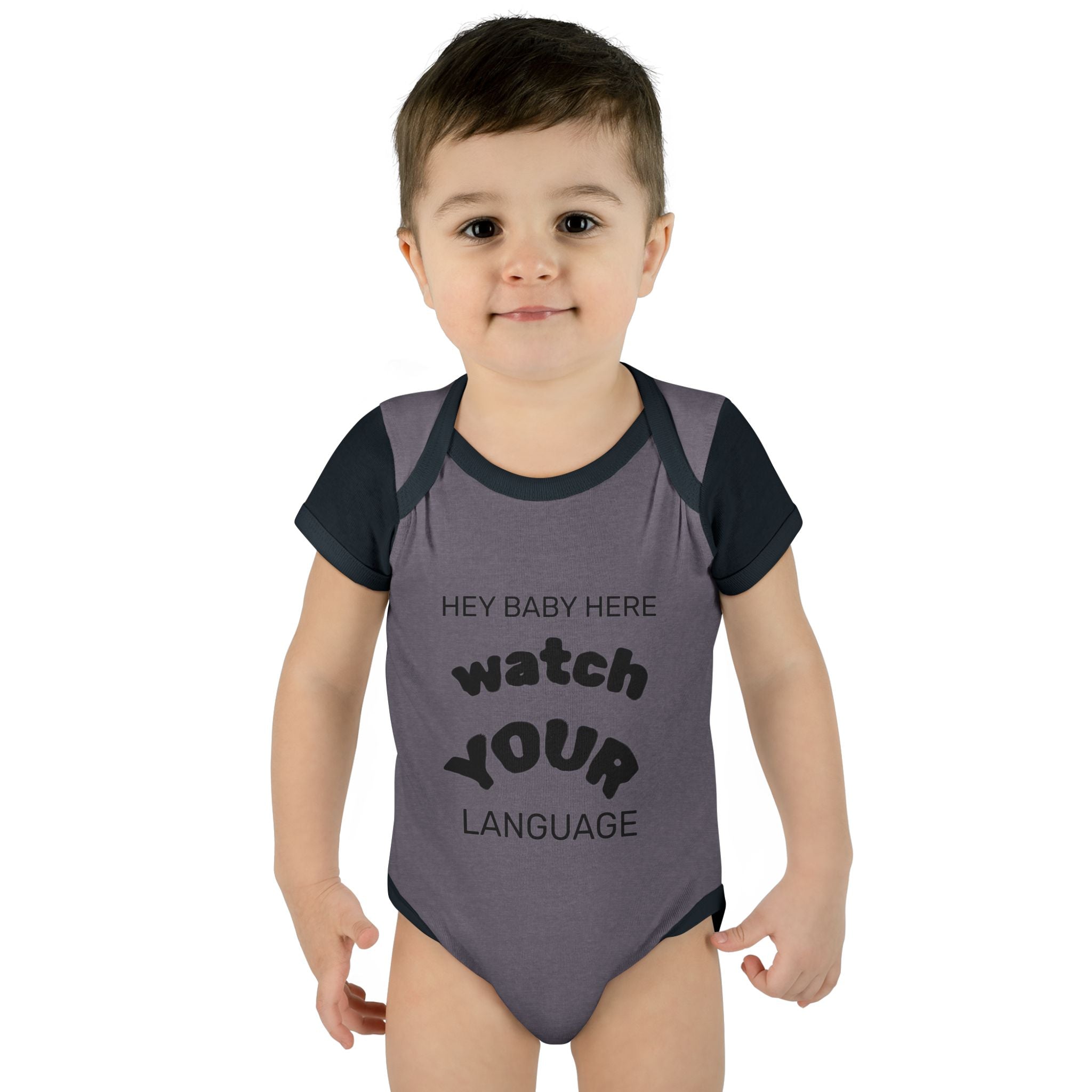 Infant Bodysuit — "Hey Baby Here, Watch Your Language" Cute Newborn Onesie (Back ‘Thank You’)