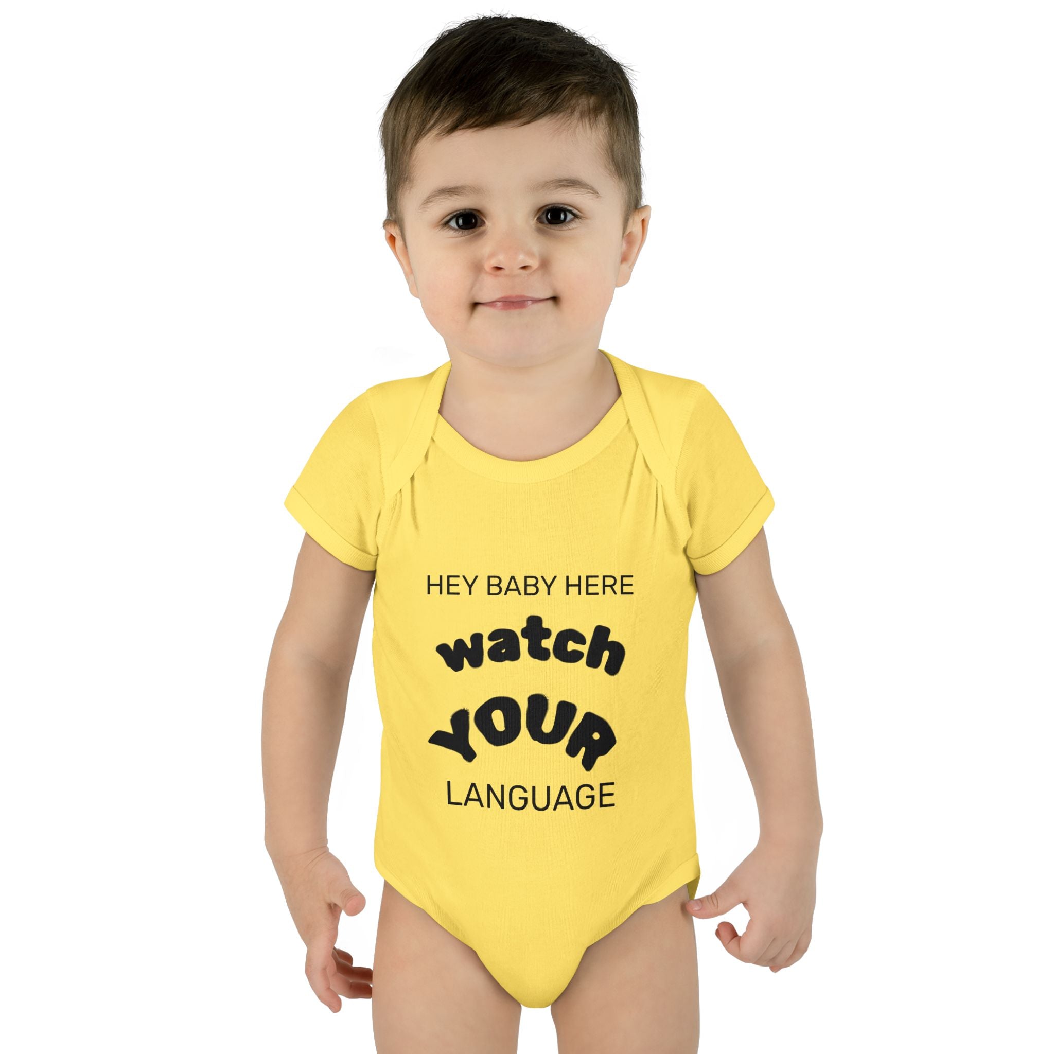 Infant Bodysuit — "Hey Baby Here, Watch Your Language" Cute Newborn Onesie (Back ‘Thank You’)