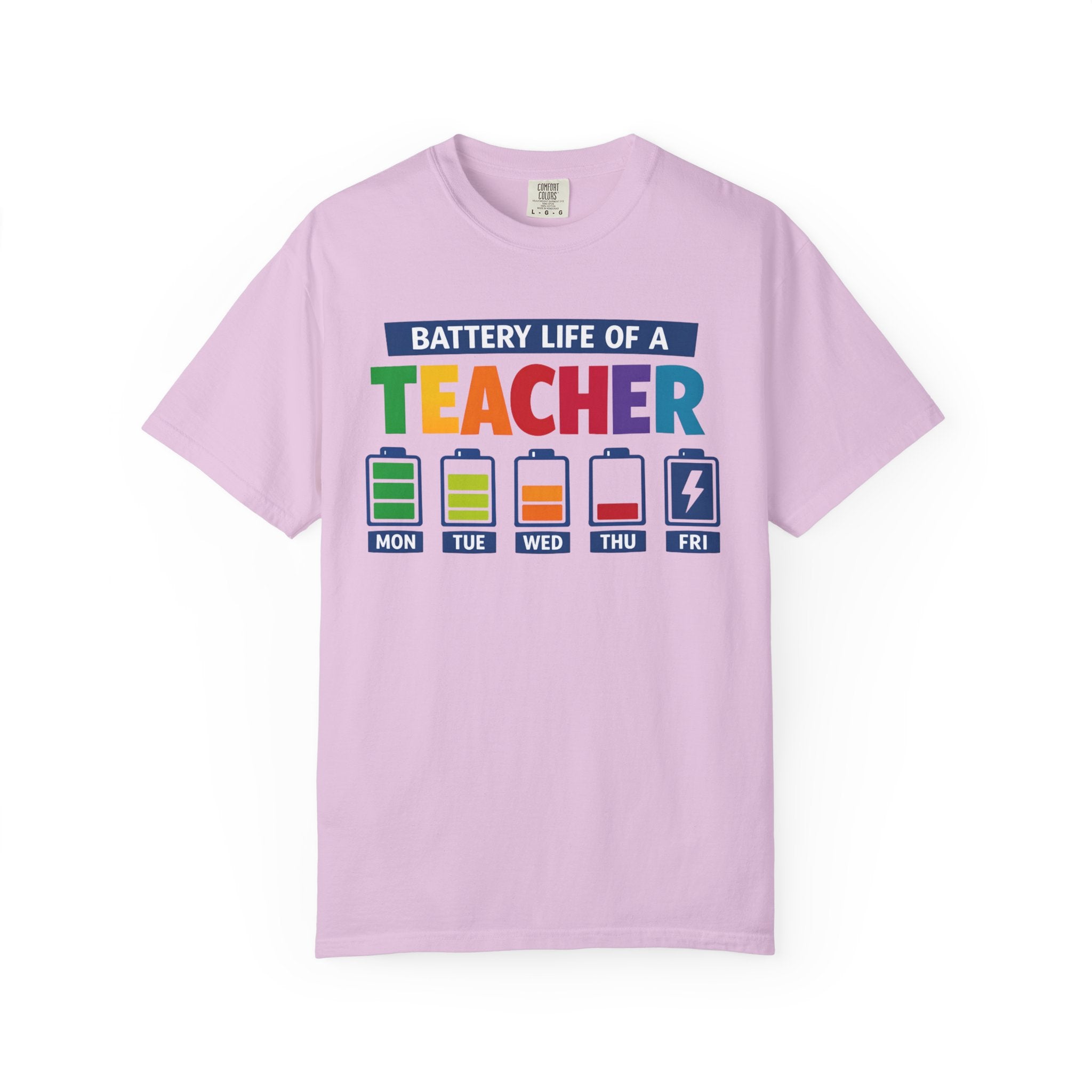 Teacher Battery Life T-Shirt — Funny Teacher Appreciation Tee (Mon-Fri Battery Icons)