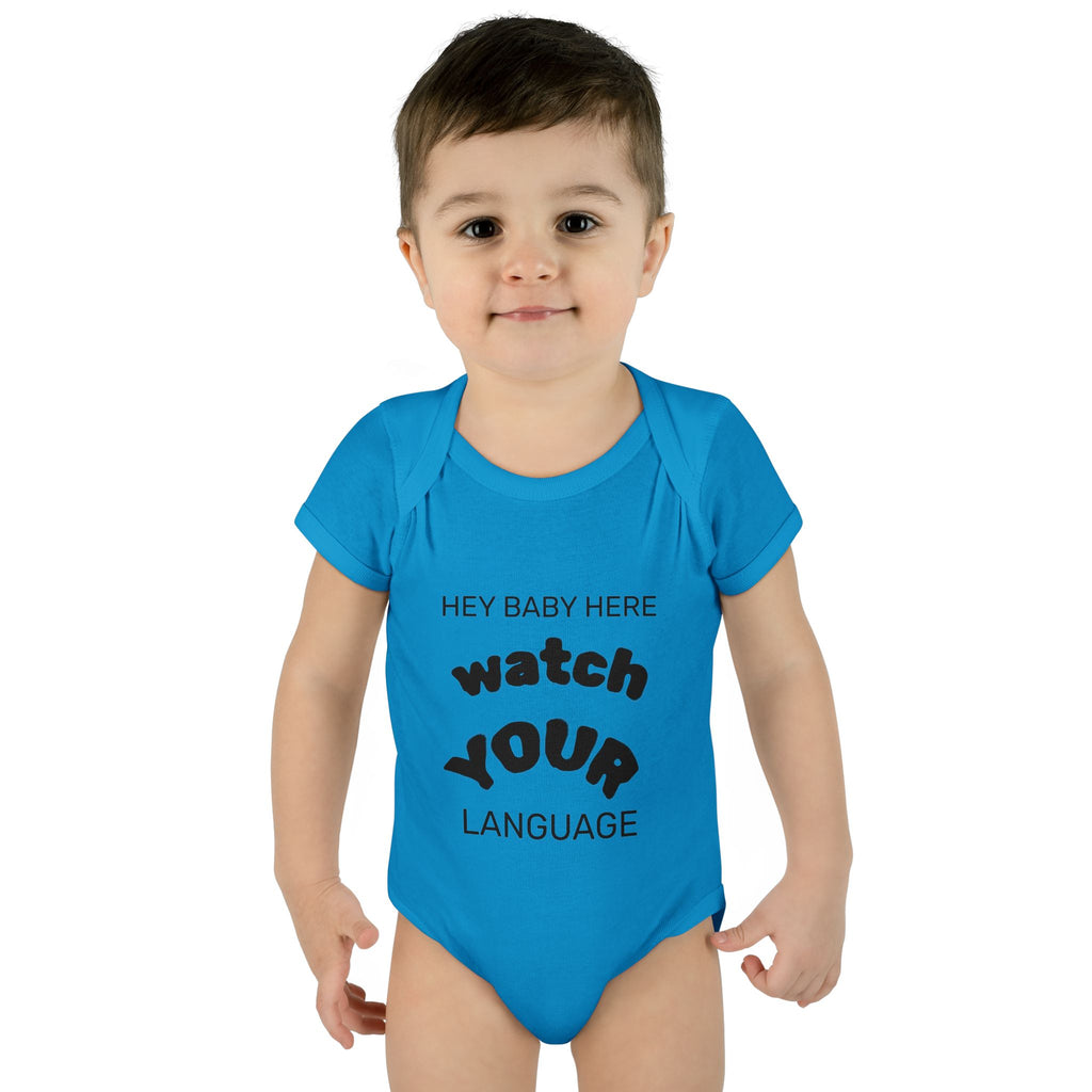 Infant Bodysuit — "Hey Baby Here, Watch Your Language" Cute Newborn Onesie (Back ‘Thank You’)
