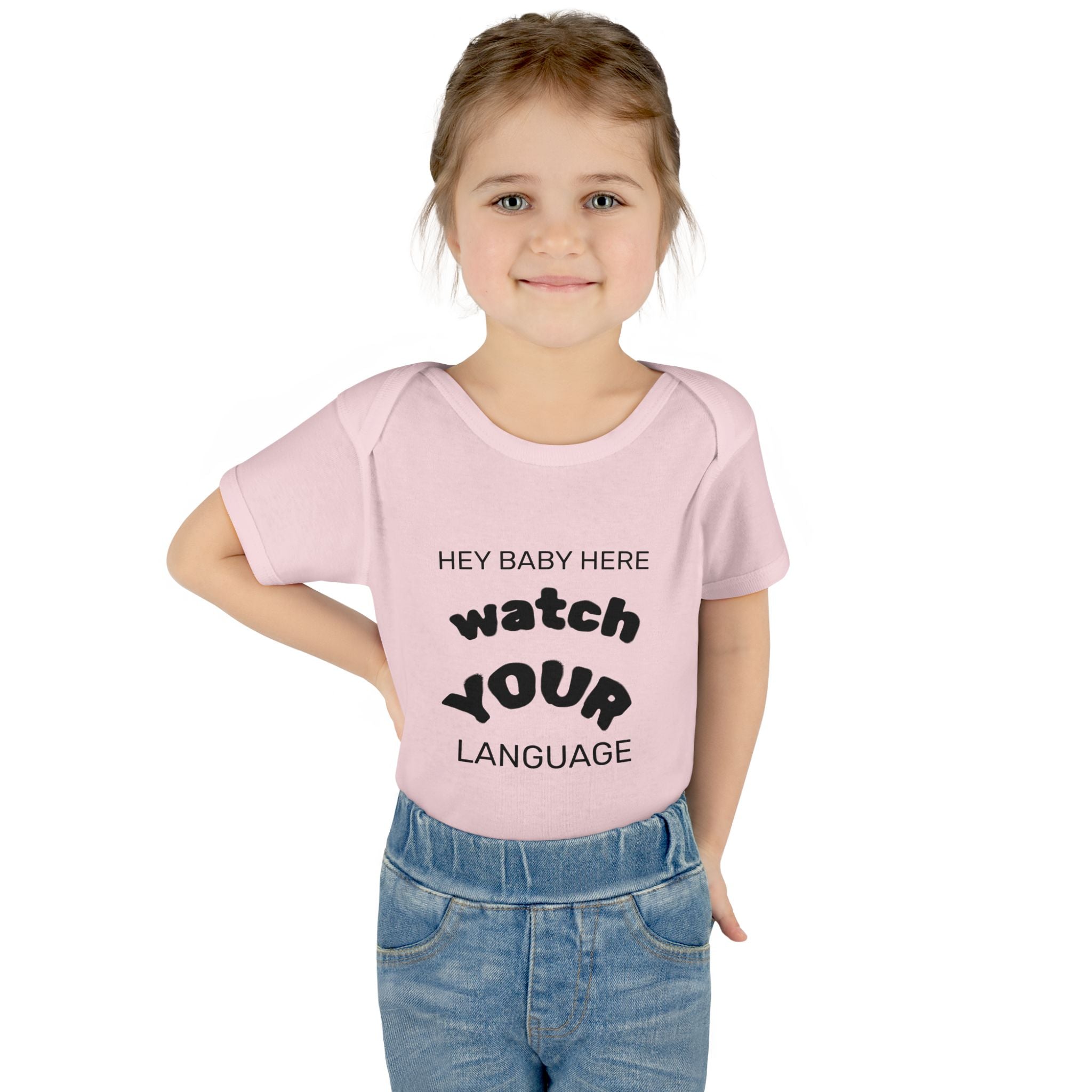 Infant Bodysuit — "Hey Baby Here, Watch Your Language" Cute Newborn Onesie (Back ‘Thank You’)