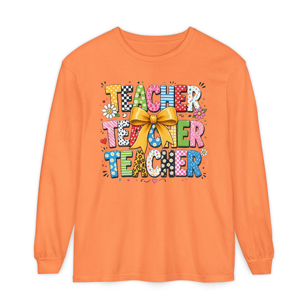 Teacher Tee — Colorful 'Teacher' Graphic Long Sleeve Shirt (Bow Design)