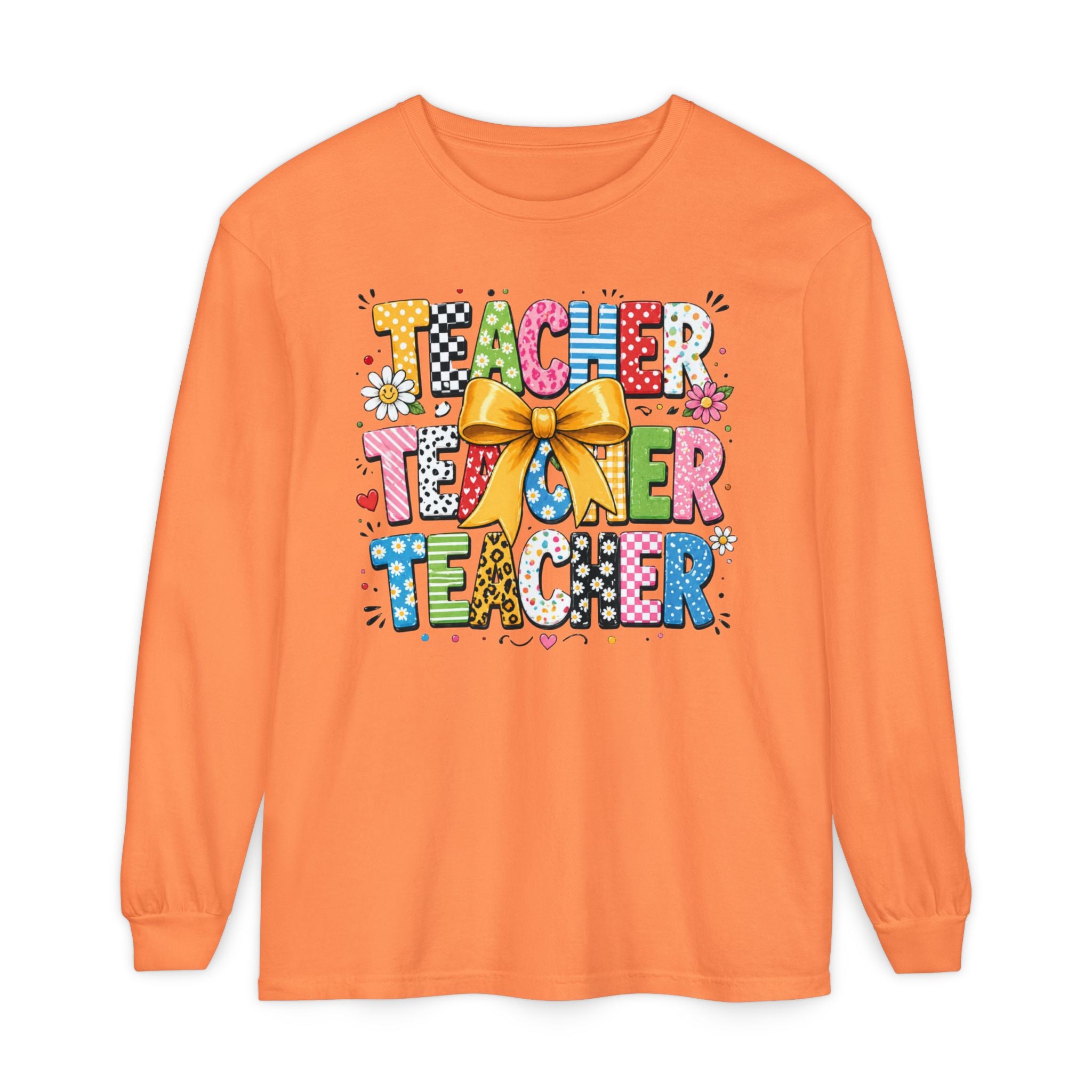 Teacher Tee — Colorful 'Teacher' Graphic Long Sleeve Shirt (Bow Design)