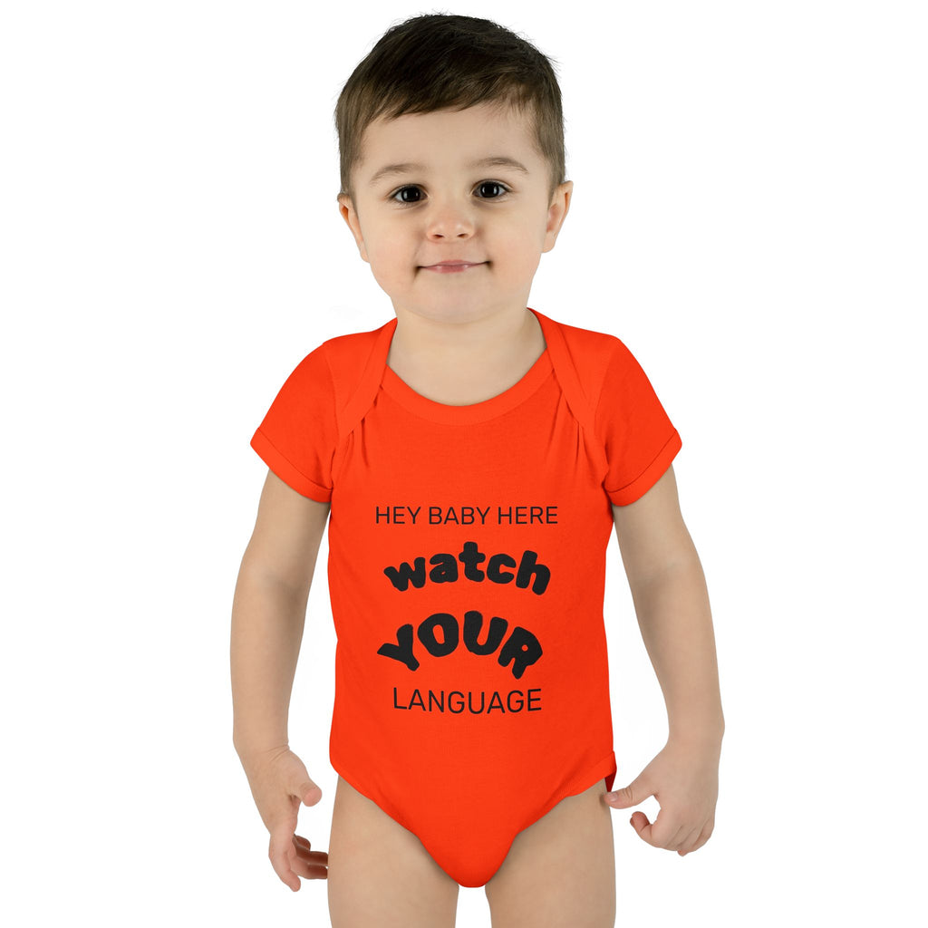 Infant Bodysuit — "Hey Baby Here, Watch Your Language" Cute Newborn Onesie (Back ‘Thank You’)
