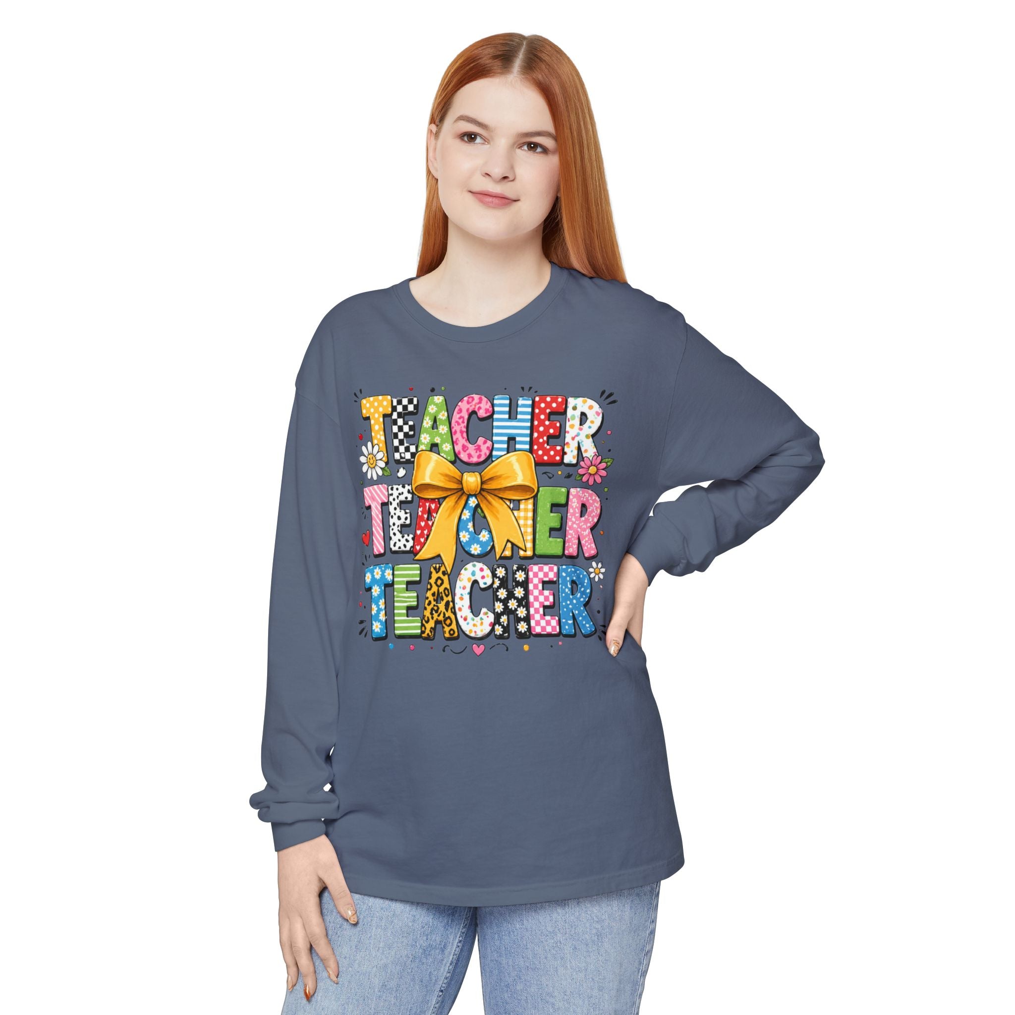 Teacher Tee — Colorful 'Teacher' Graphic Long Sleeve Shirt (Bow Design)