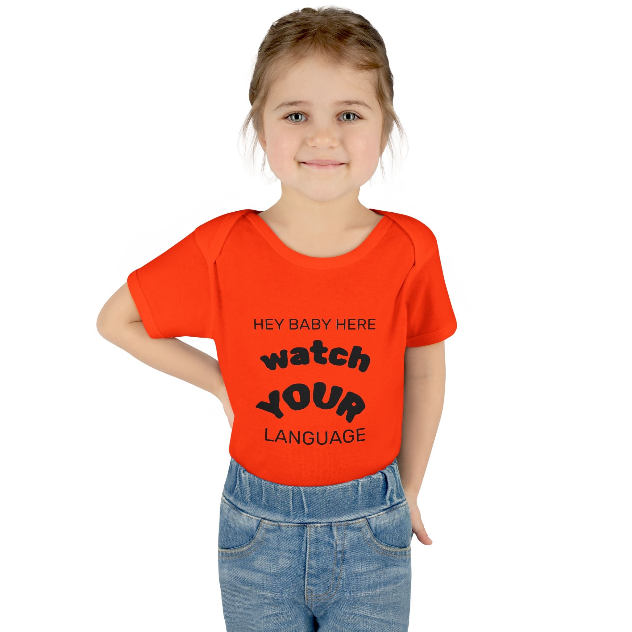 Infant Bodysuit — "Hey Baby Here, Watch Your Language" Cute Newborn Onesie (Back ‘Thank You’)