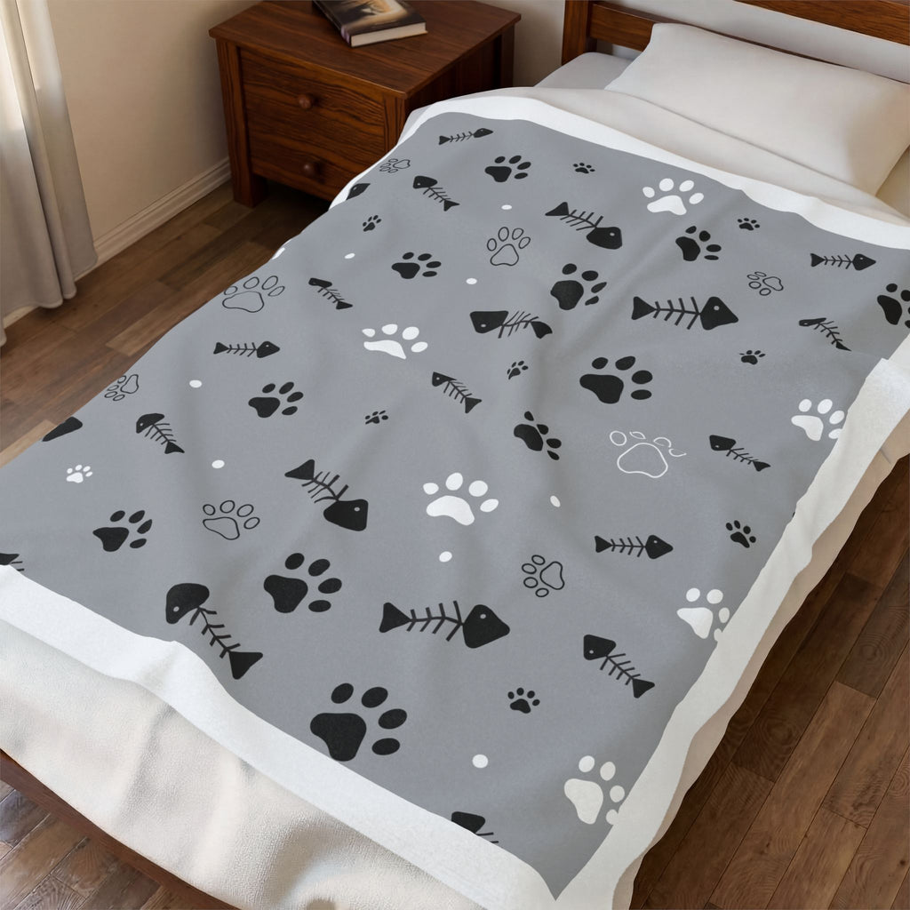 Velveteen Plush Blanket — Cozy Gray Paw Print Pet Throw