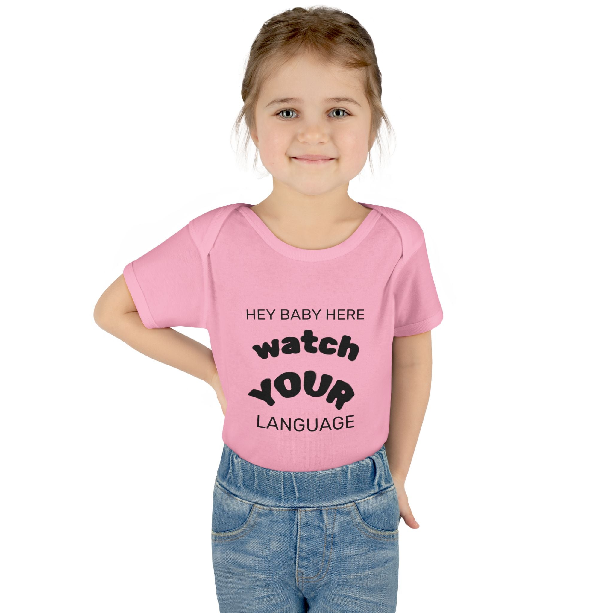 Infant Bodysuit — "Hey Baby Here, Watch Your Language" Cute Newborn Onesie (Back ‘Thank You’)