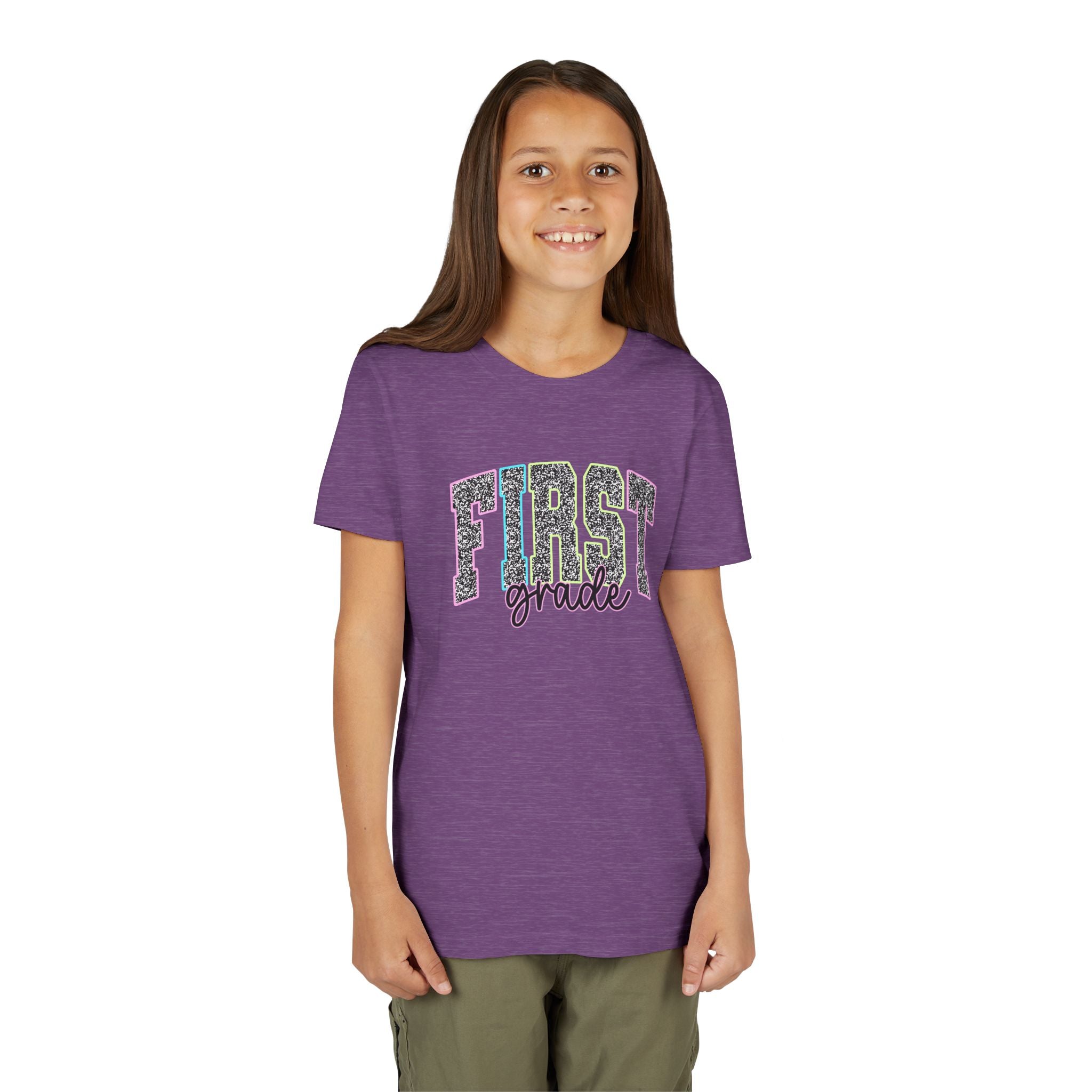 First Grade Youth Tee — Glitter Leopard 'FIRST grade' Back-to-School Shirt