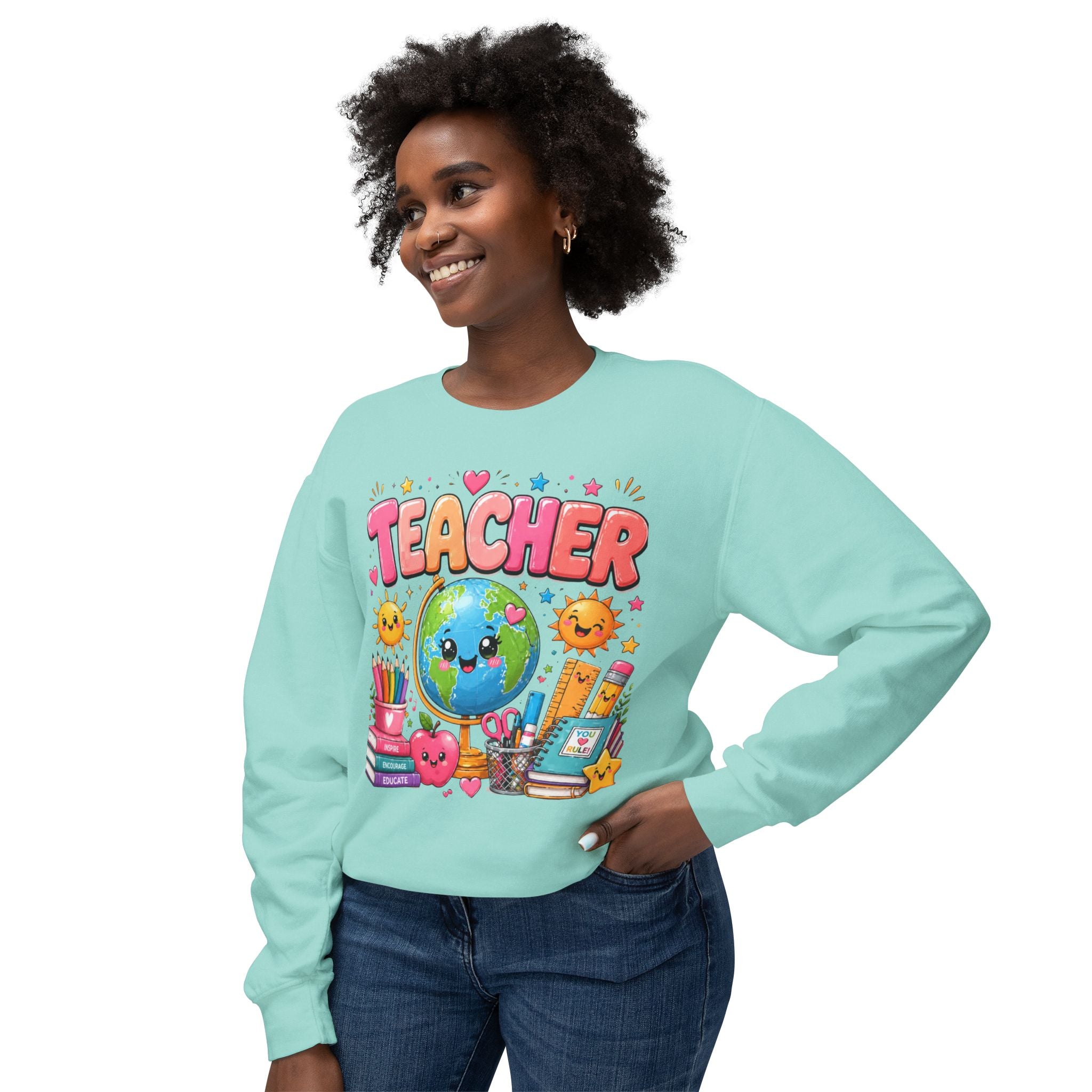 Teacher Crewneck Sweatshirt — Cute Kawaii Earth & School Supplies Gift for Educators