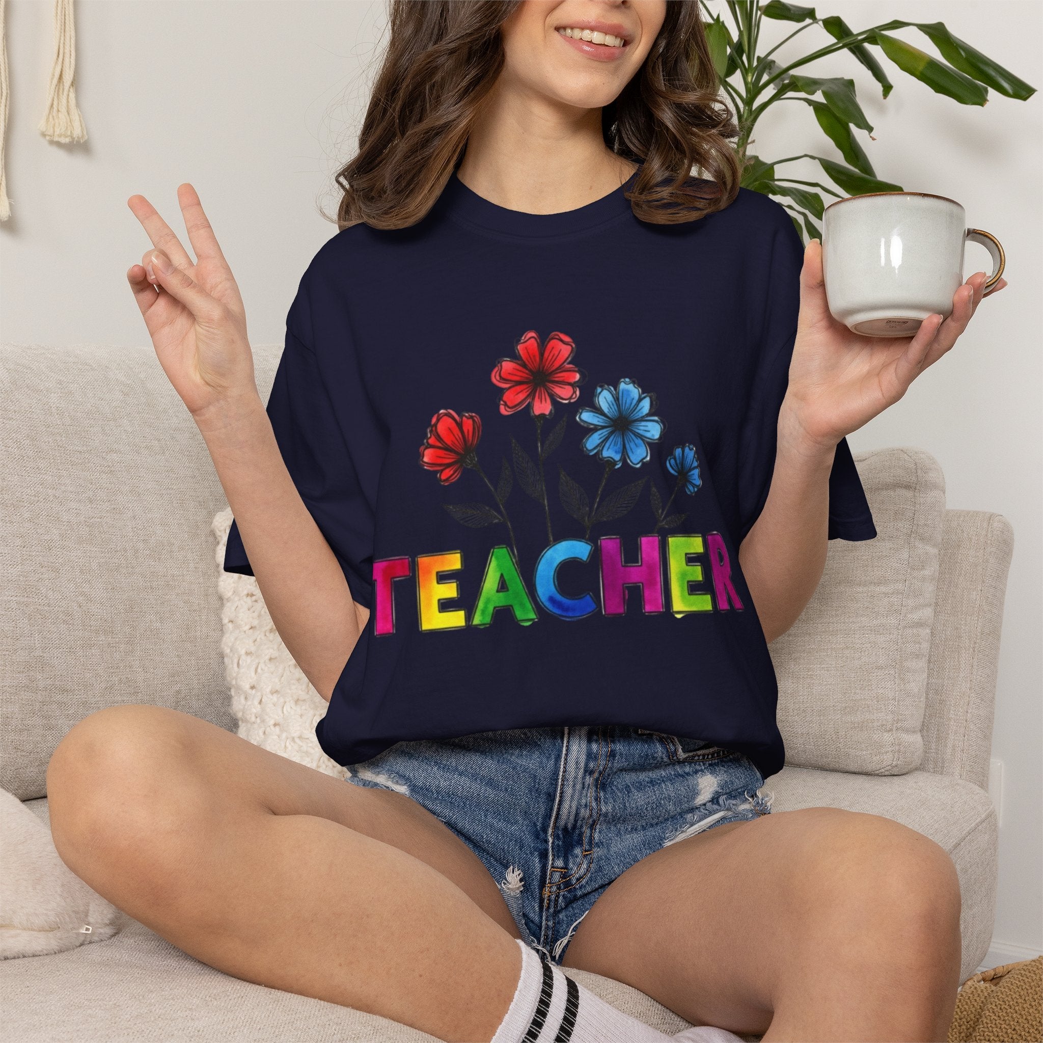 Teacher Floral T‑Shirt — Colorful Rainbow Letters & Bouquet