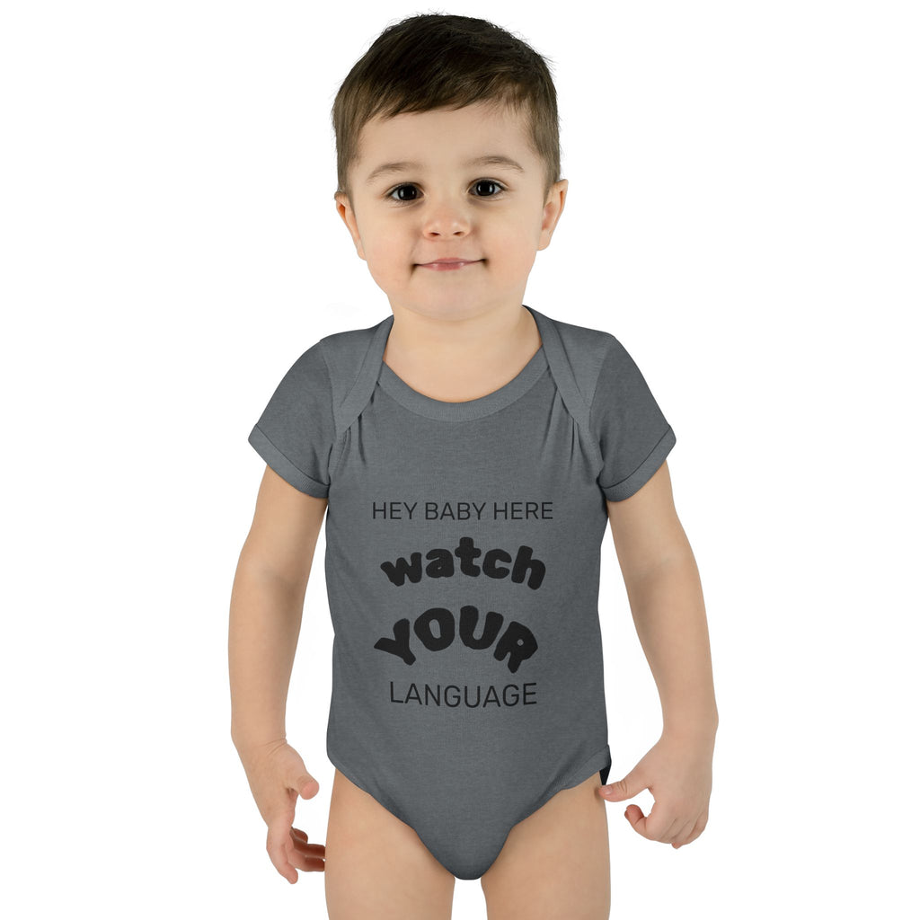 Infant Bodysuit — "Hey Baby Here, Watch Your Language" Cute Newborn Onesie (Back ‘Thank You’)