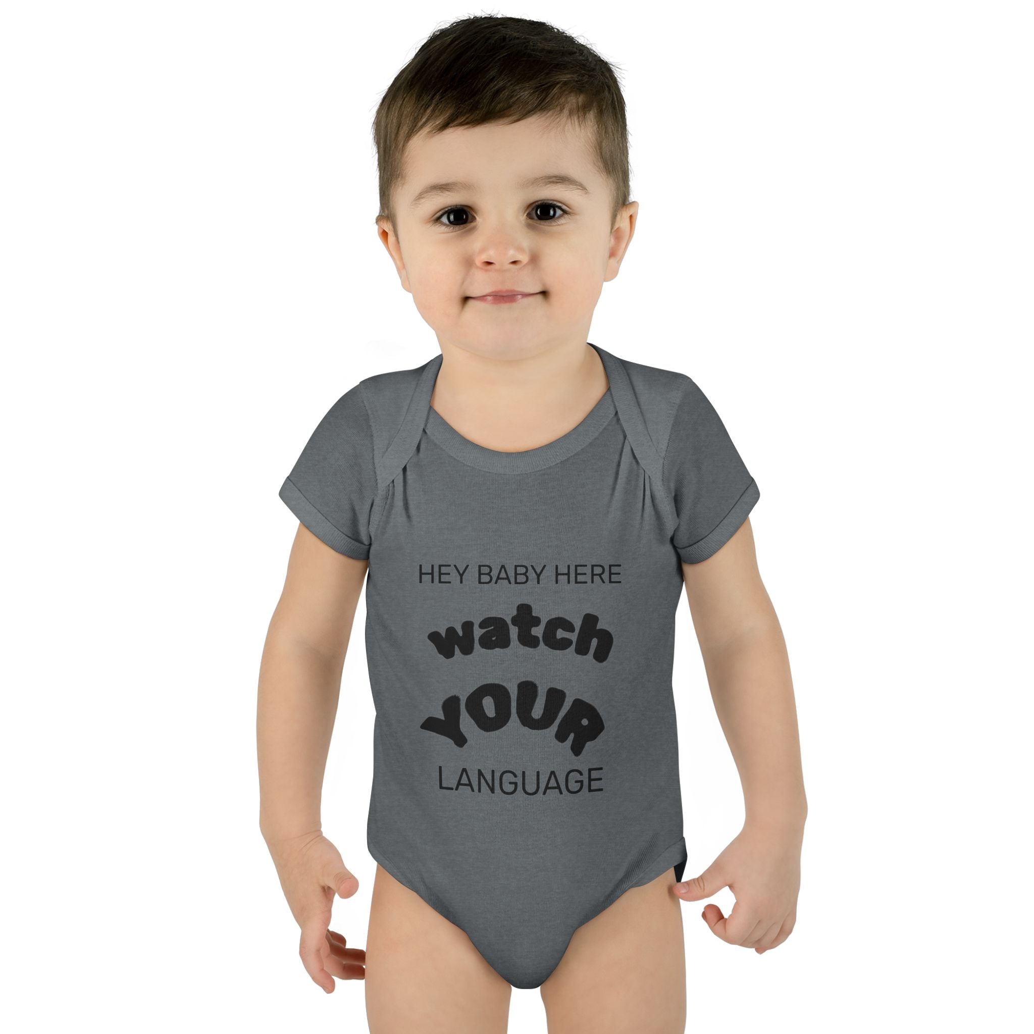Infant Bodysuit — "Hey Baby Here, Watch Your Language" Cute Newborn Onesie (Back ‘Thank You’)