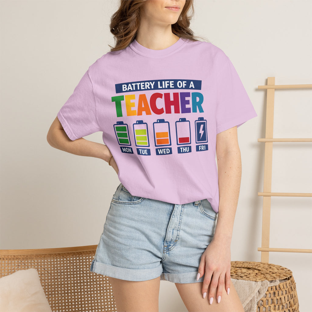 Teacher Battery Life T-Shirt — Funny Teacher Appreciation Tee (Mon-Fri Battery Icons)