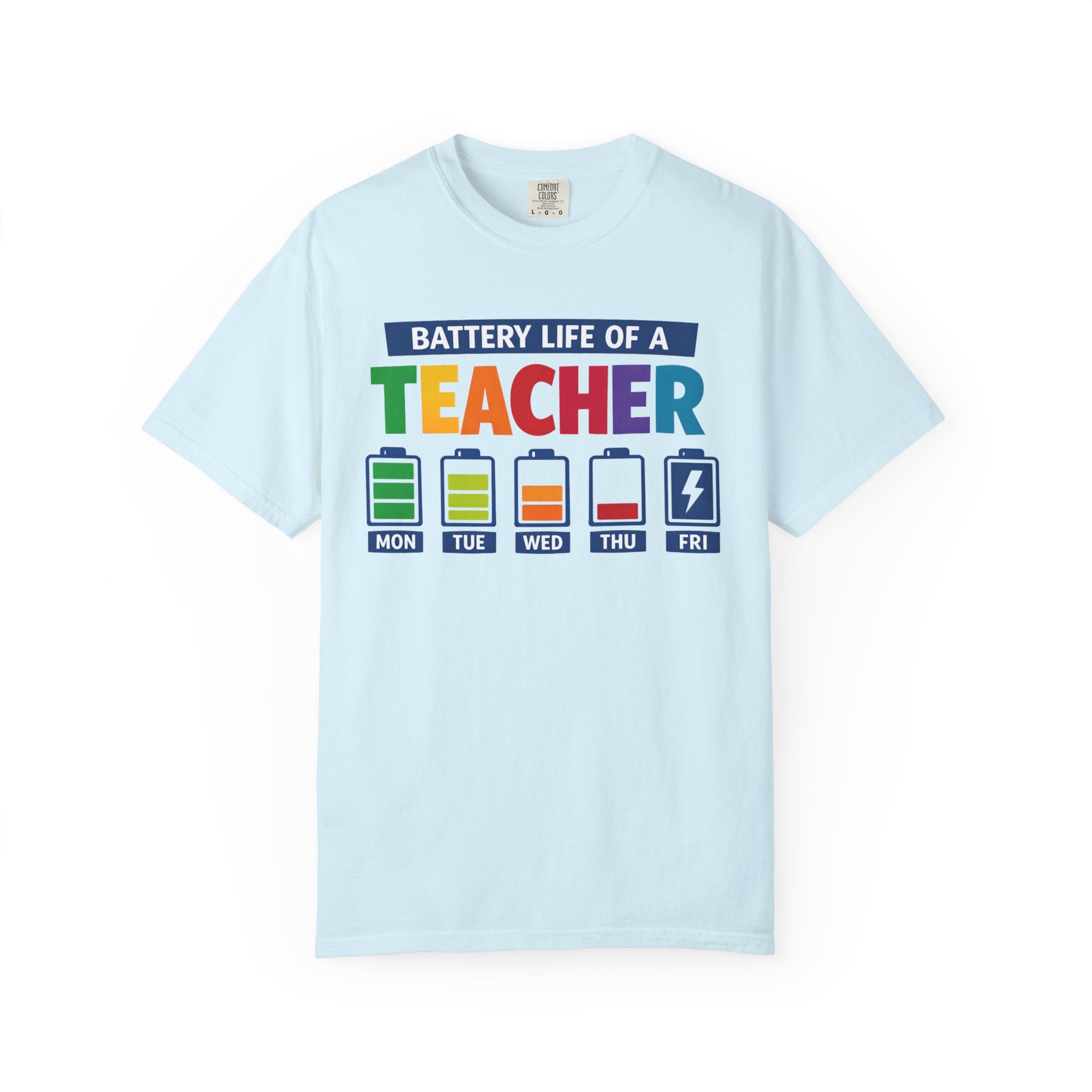 Teacher Battery Life T-Shirt — Funny Teacher Appreciation Tee (Mon-Fri Battery Icons)