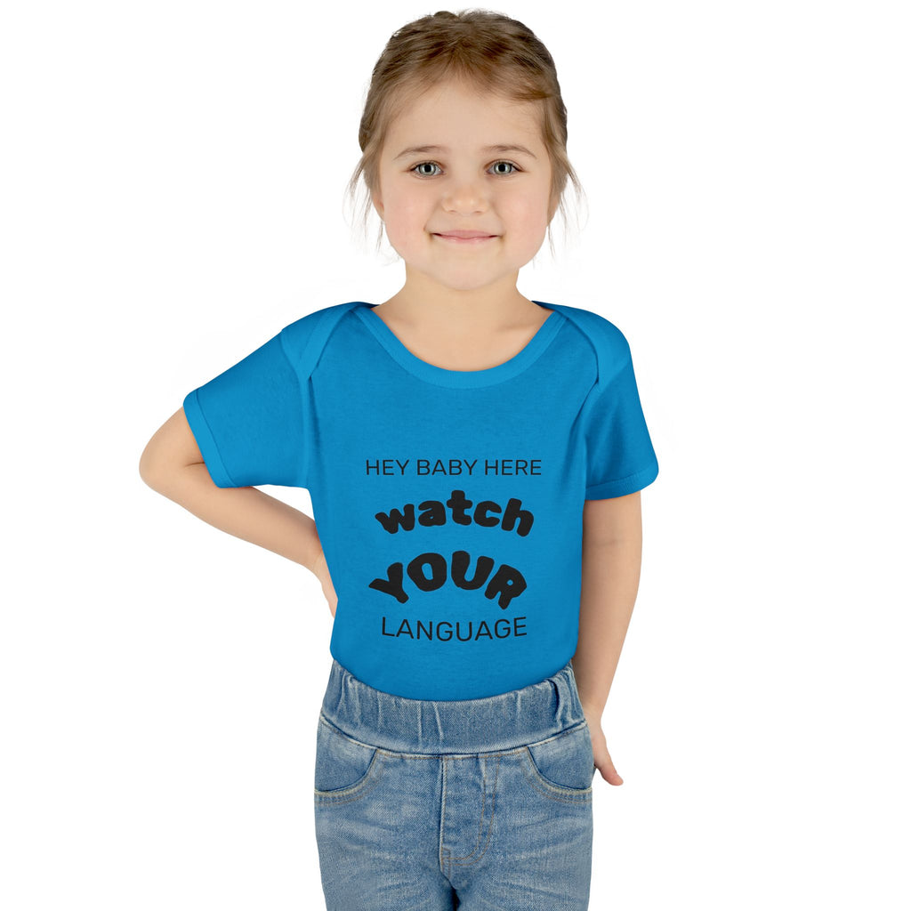 Infant Bodysuit — "Hey Baby Here, Watch Your Language" Cute Newborn Onesie (Back ‘Thank You’)