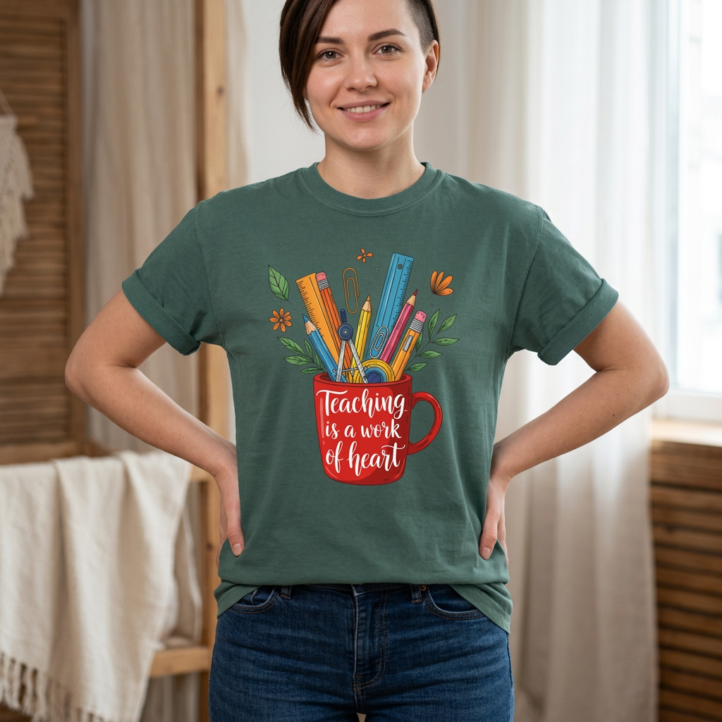Teacher Mug Graphic T‑Shirt — "Teaching Is a Work of Heart" Back‑to‑School Gift