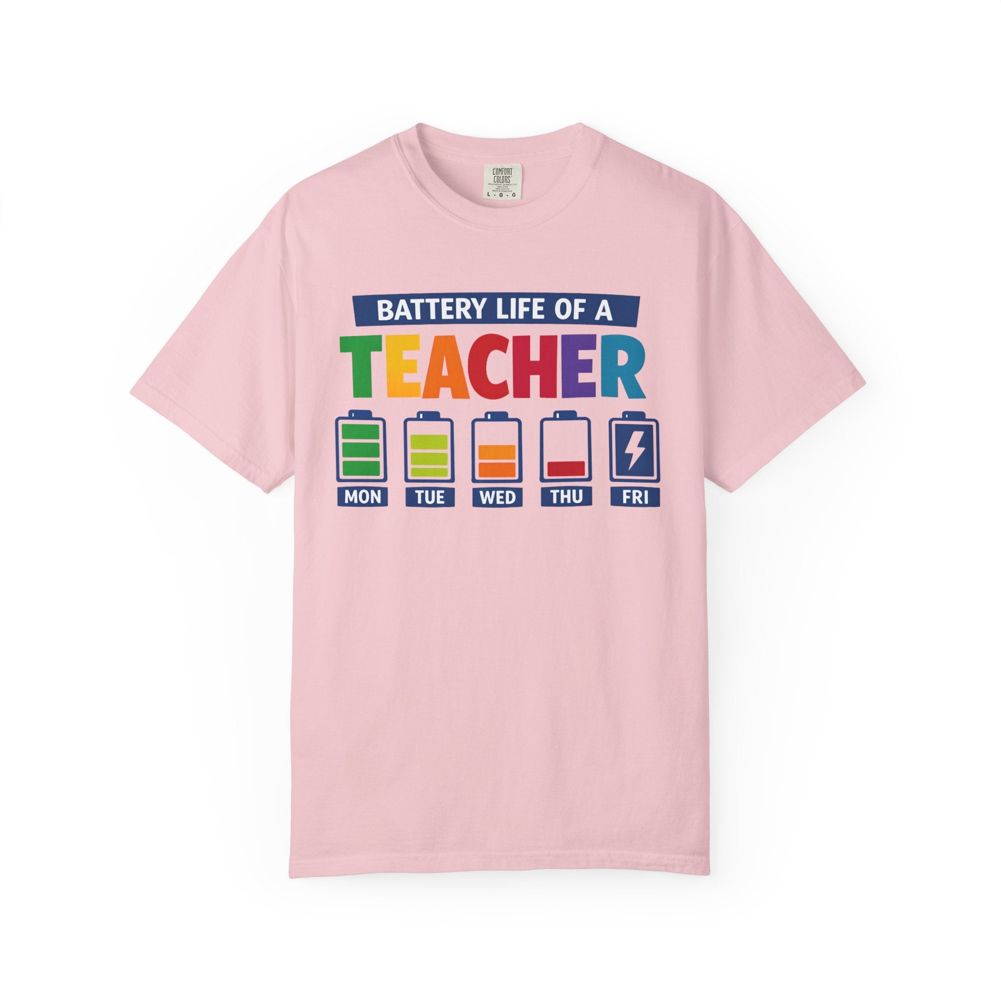 Teacher Battery Life T-Shirt — Funny Teacher Appreciation Tee (Mon-Fri Battery Icons)